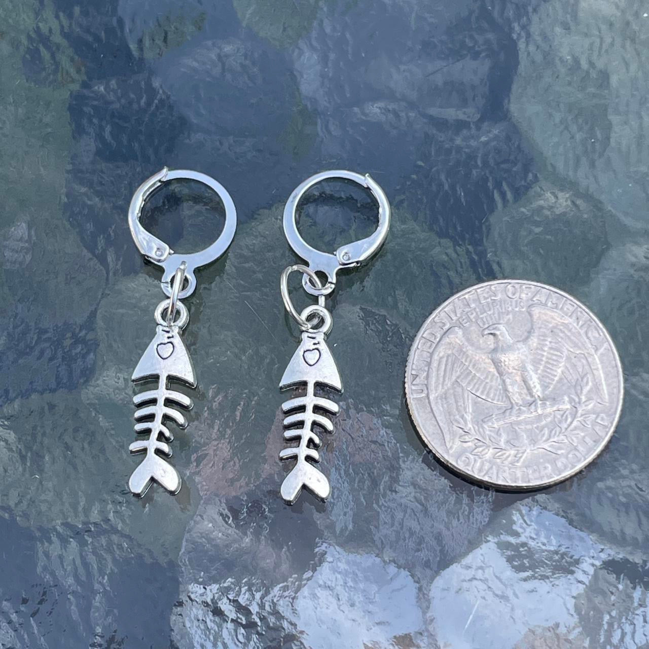 2 PCs Boho punk silver fish bones hoop earrings gothic grunge emo tribal minimalist alternative rock style earrings