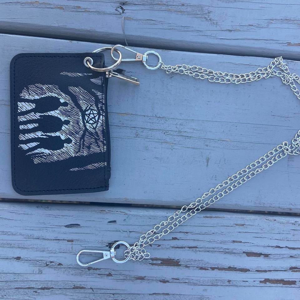 Vintage Gothic Punk Retro Pattern Mini Credit Card Case, PU Leather Wallet , Zipper Women's or Men Coin wallet With chain , Pouch for wide leg baggy skater rock emo alternative style