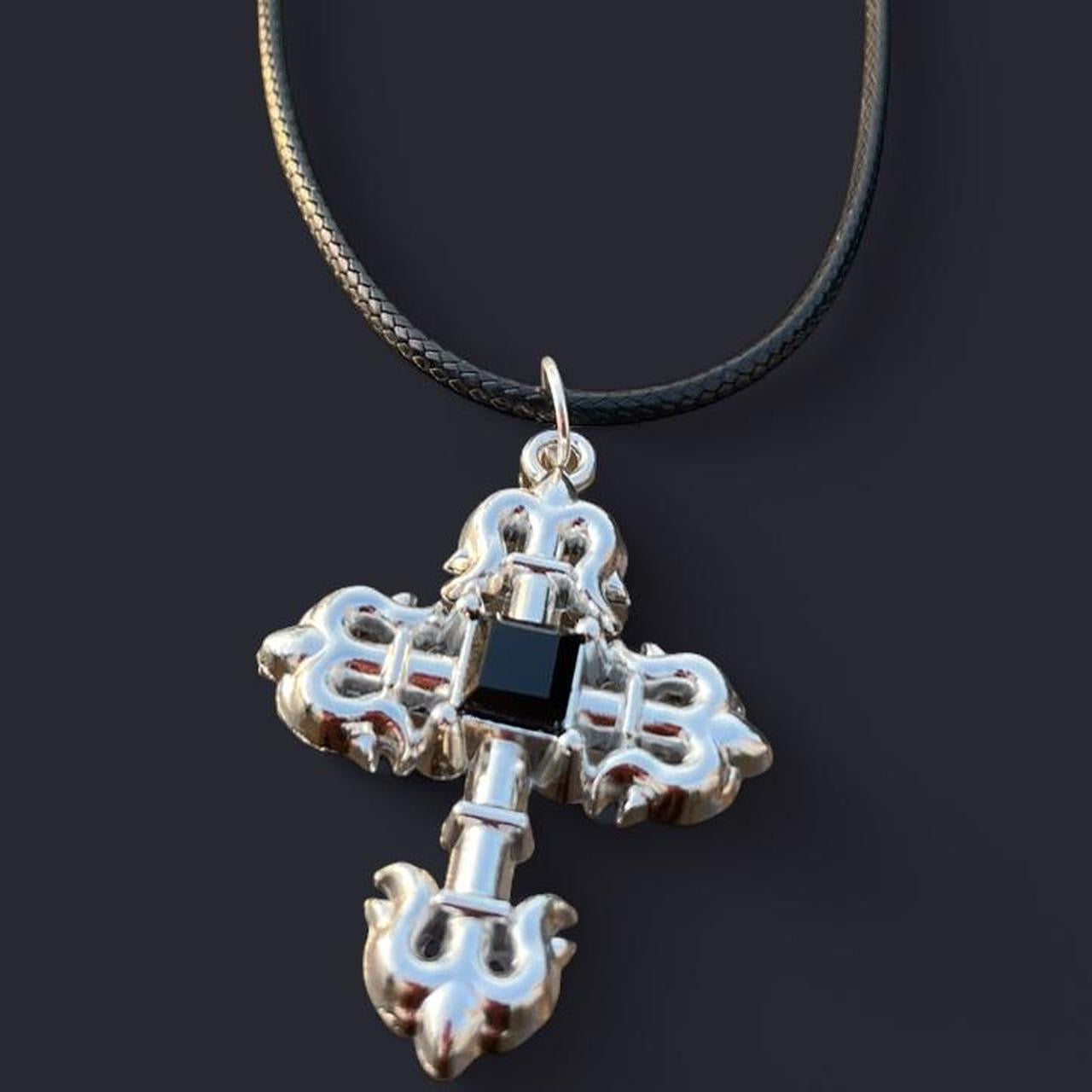 HANDMADE Gothic Silver Cross with Black stone Necklace with black Faux Leather cord - cross pendant - Cool & Chic Antique Cross Pendant - Punk Emo Boho Tribal jewelry style - Adjustable