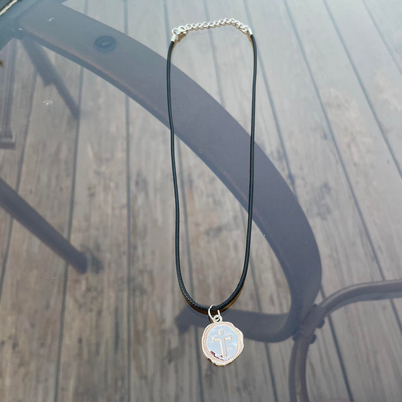 HANDMADE Gothic Cross Necklace with black Faux Leather cord - Coin shaped cross pendant - Cool & Chic Antique Cross Pendant - Punk Emo Boho Tribal jewelry style