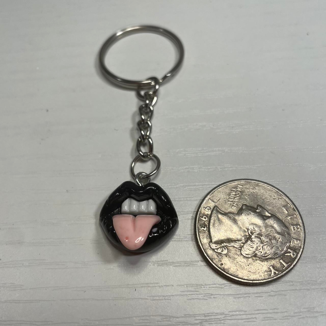 Punk Gothic black lips with tongue silver keychain , Punk Emo alternative rock skater keyring , boho y2k fashionable jewelry keychain