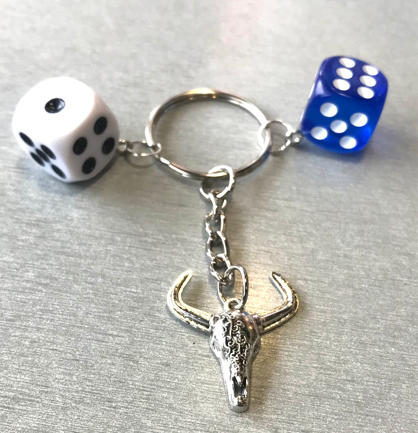 Silver Bull Cow and Dice Keychain - Tribal Bull with White dice and Blue dice Keychain - Gothic Punk Y2K accessories