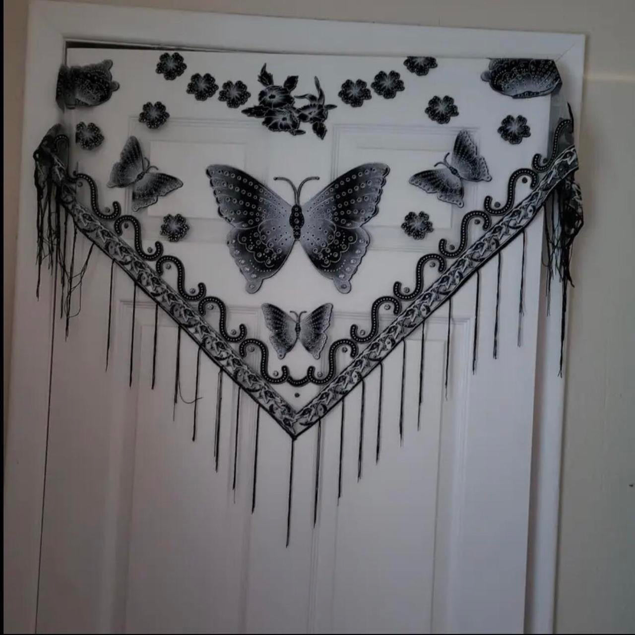 Black Bohemian Style Triangle Scarf Butterfly Flower lace design Embroidery Lace Tassel Shawl Elegant Breathable- 29.5"×55.1" - Sun-Proof Tassel Shawl for All Seasons, Ladies Gothic Sexy Fishnet Bodysuit , Punk Lace Emo grunge Clothing for women