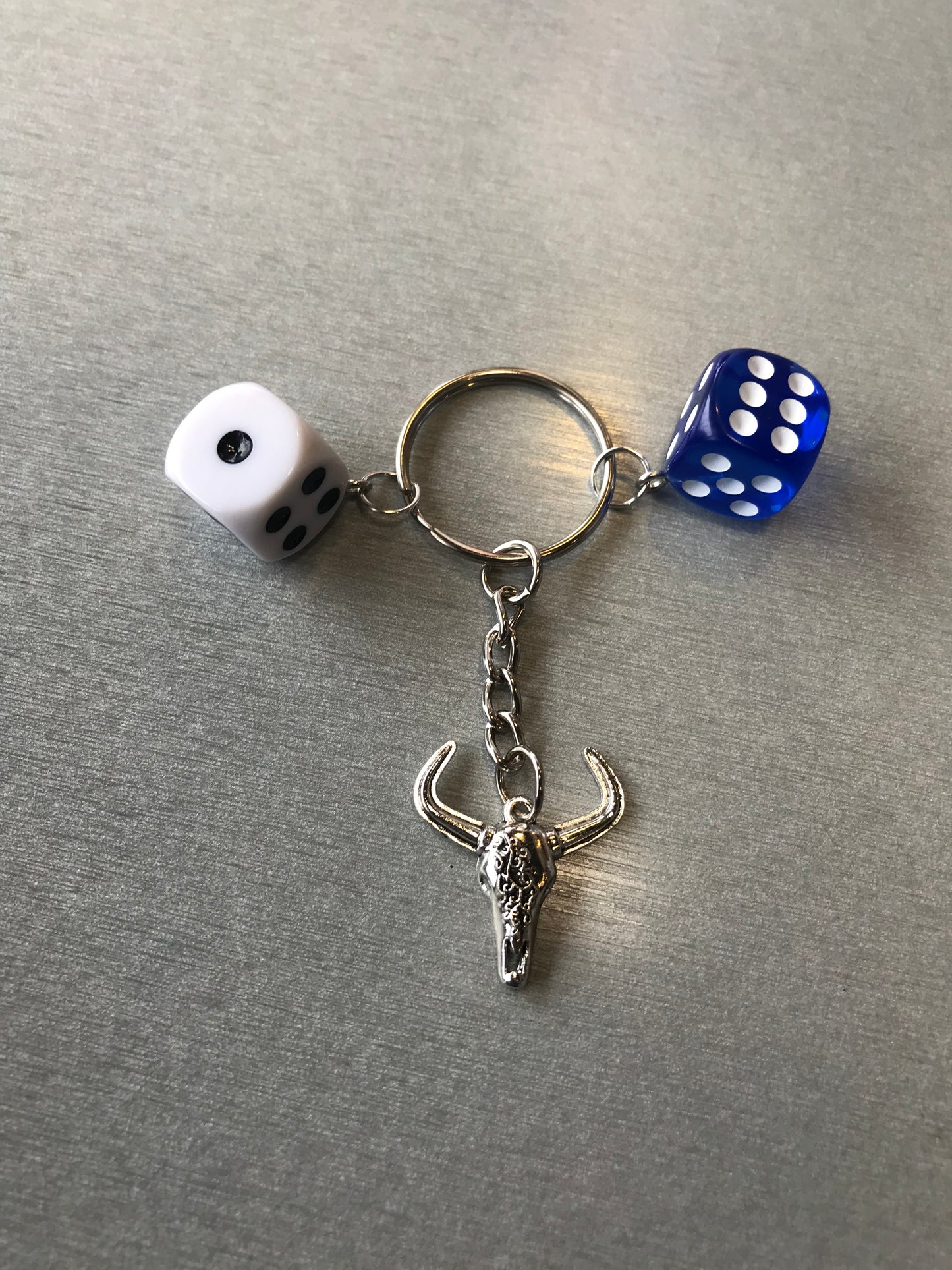 Silver Bull Cow and Dice Keychain - Tribal Bull with White dice and Blue dice Keychain - Gothic Punk Y2K accessories