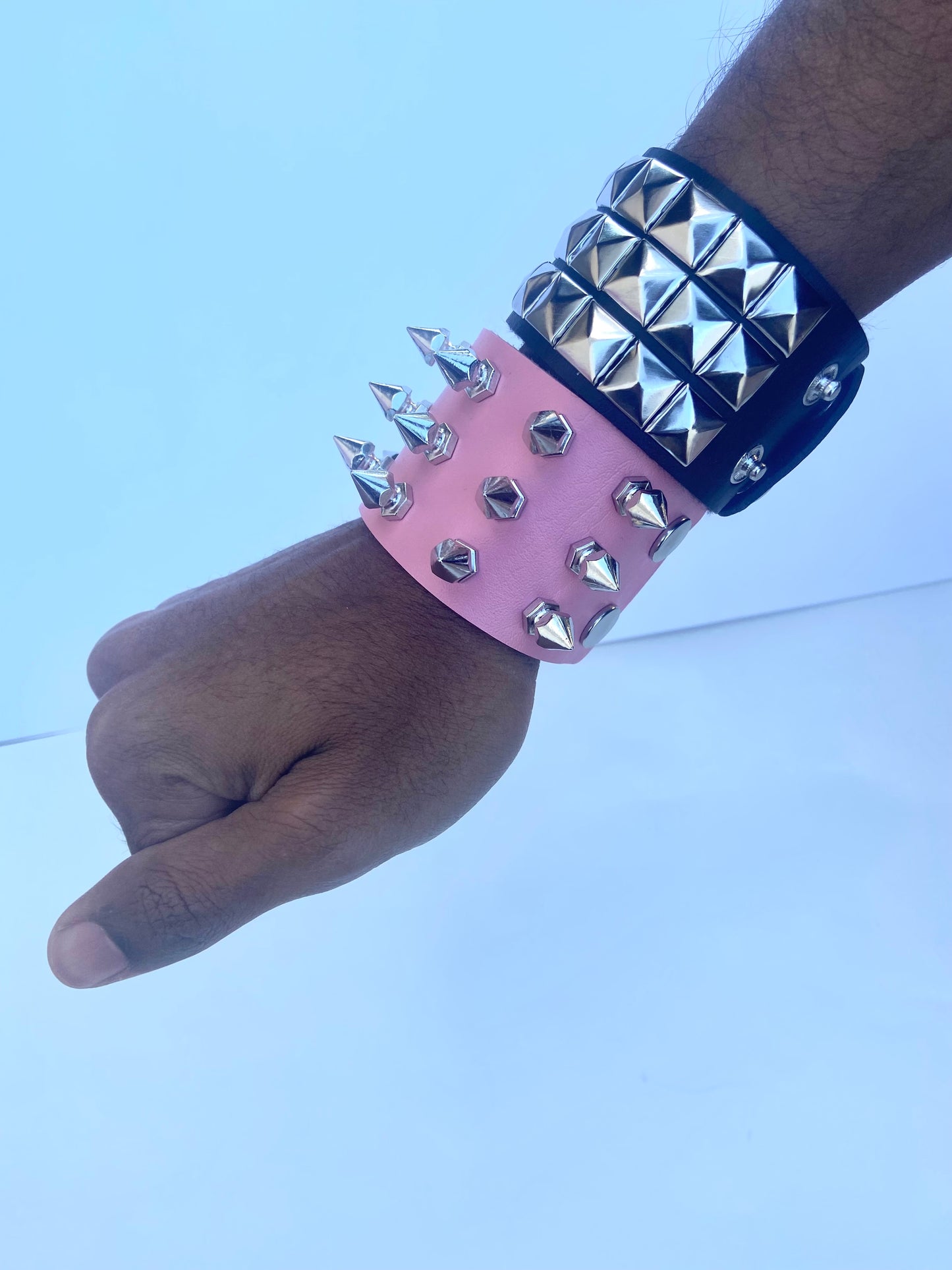 2 pcs Gothic PU leather Studded Spike bracelets , Pink and Black Punk Grunge wristbands