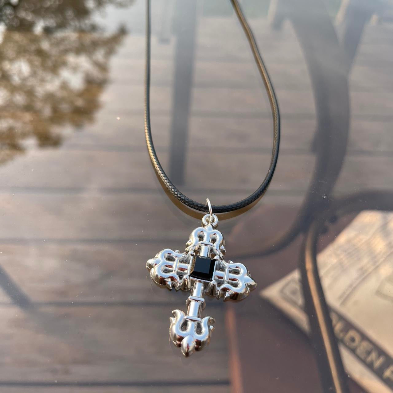 HANDMADE Gothic Silver Cross with Black stone Necklace with black Faux Leather cord - cross pendant - Cool & Chic Antique Cross Pendant - Punk Emo Boho Tribal jewelry style - Adjustable