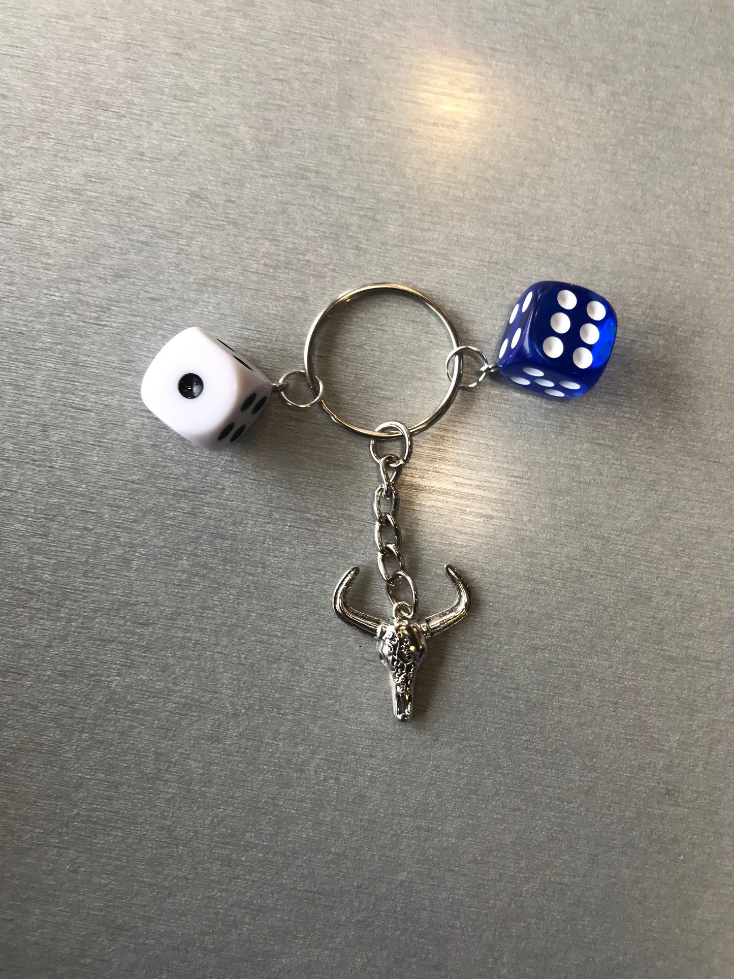 Silver Bull Cow and Dice Keychain - Tribal Bull with White dice and Blue dice Keychain - Gothic Punk Y2K accessories