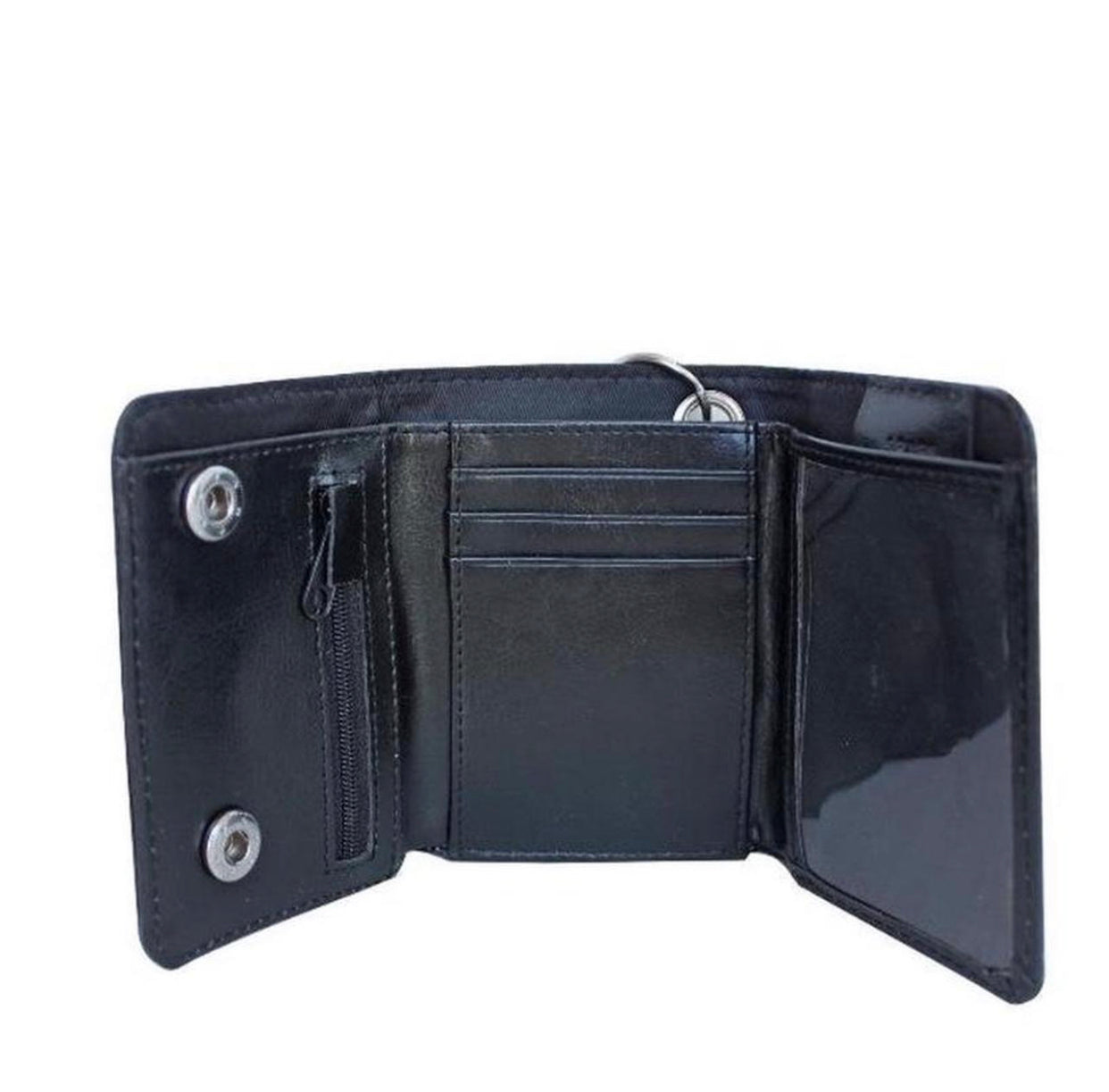 No boundaries men’s chain skull gothic wallet - black leather biker Punk wallet Emo with skull design with 2 credit cards slots , 2 bills slot and a coin pocket. Including a detachable chain. Punk Emo wallet for men women unisex