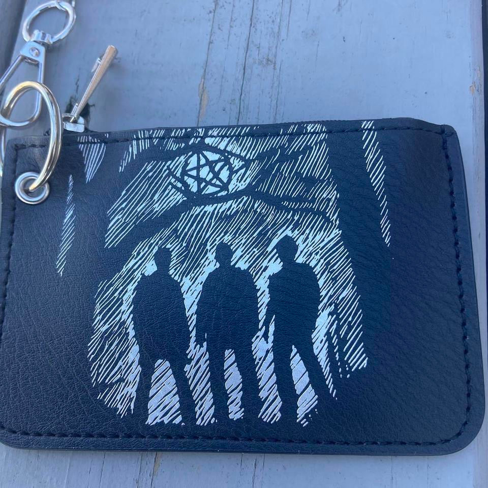Vintage Gothic Punk Retro Pattern Mini Credit Card Case, PU Leather Wallet , Zipper Women's or Men Coin wallet With chain , Pouch for wide leg baggy skater rock emo alternative style