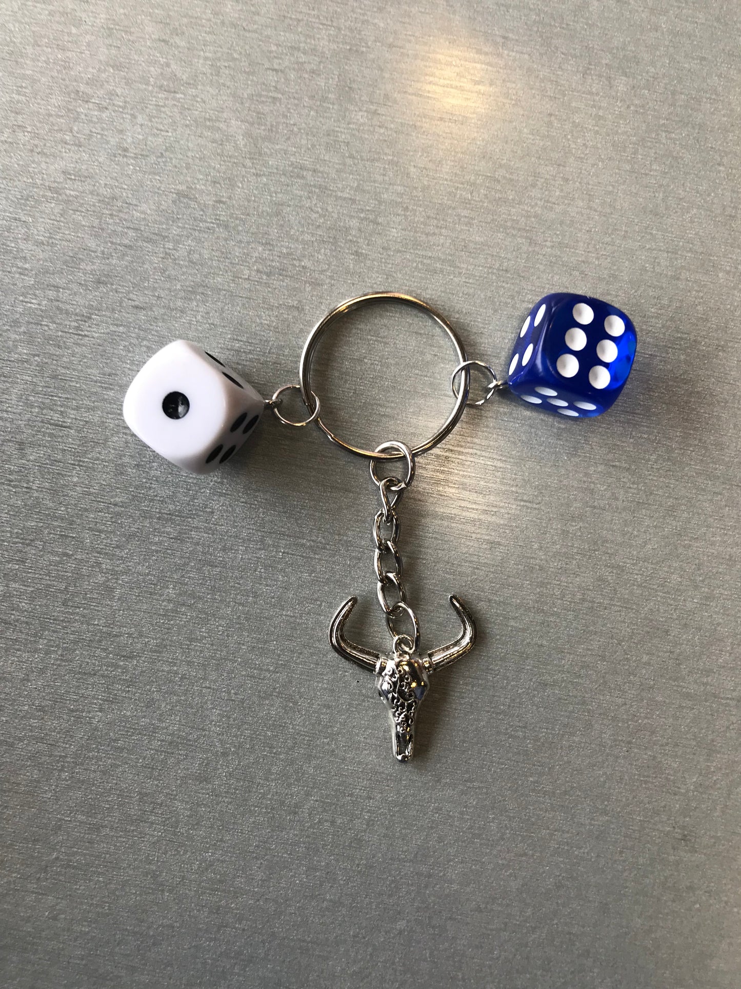 Silver Bull Cow and Dice Keychain - Tribal Bull with White dice and Blue dice Keychain - Gothic Punk Y2K accessories