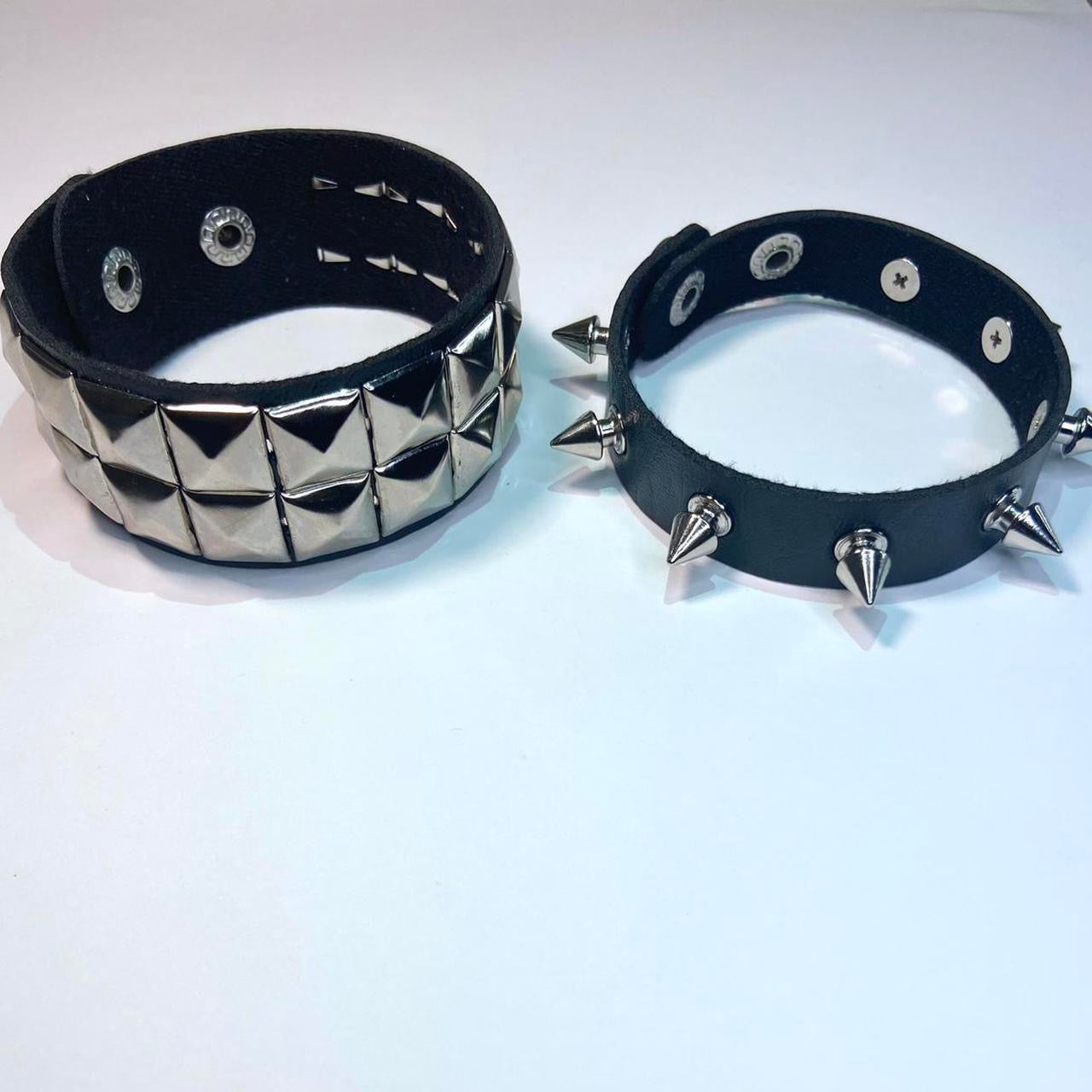 2 PCs faux leather spike studded Bracelets — Silver spike bracelets and silver studded bracelet - Adjustable Punk Cuff Bangle wristband Jewelry Rock —Gothic Punk alternative Emo Grunge Y2K wristbands
