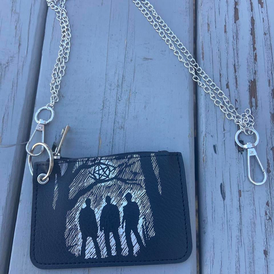 Vintage Gothic Punk Retro Pattern Mini Credit Card Case, PU Leather Wallet , Zipper Women's or Men Coin wallet With chain , Pouch for wide leg baggy skater rock emo alternative style