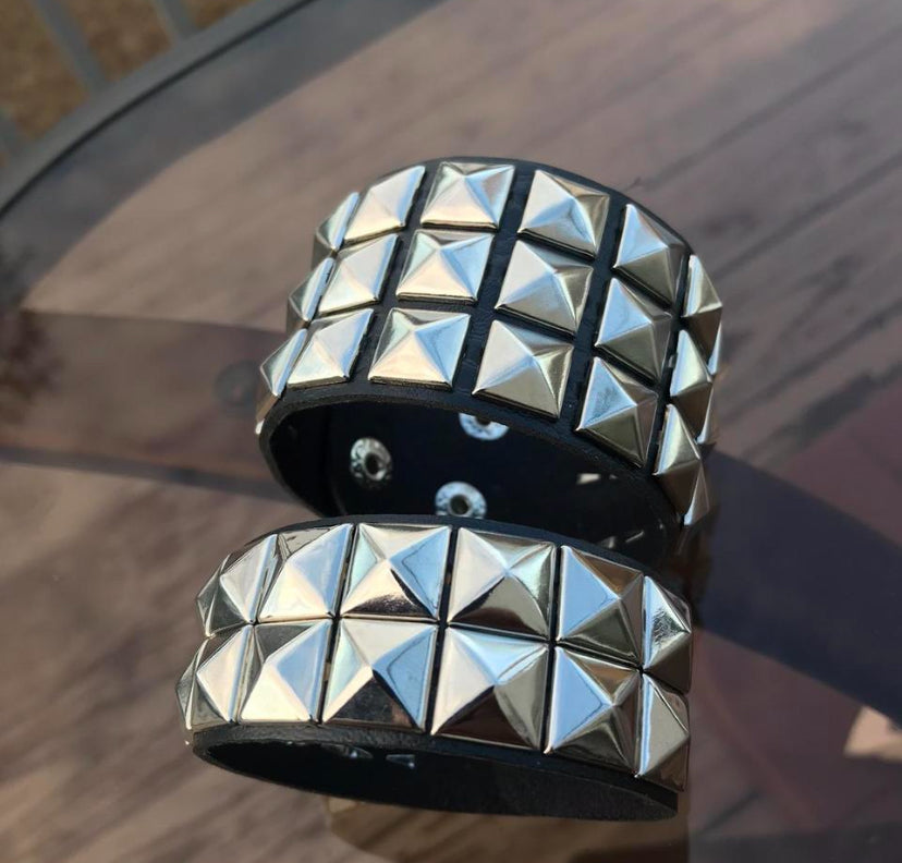 2 pcs Punk Gothic studded faux leather bracelet - black and silver