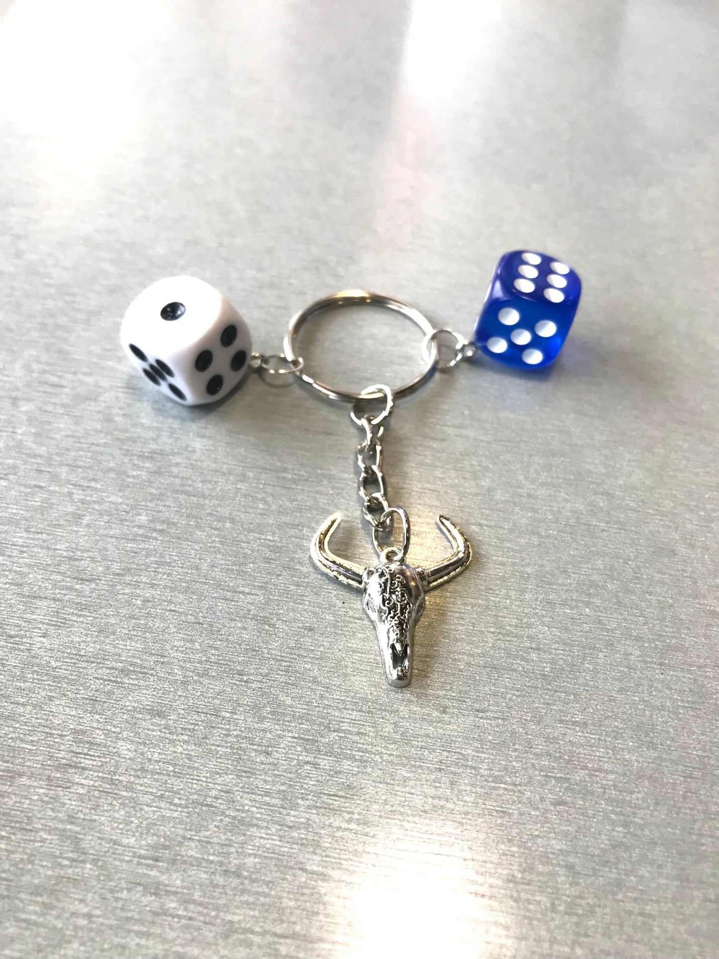 Silver Bull Cow and Dice Keychain - Tribal Bull with White dice and Blue dice Keychain - Gothic Punk Y2K accessories