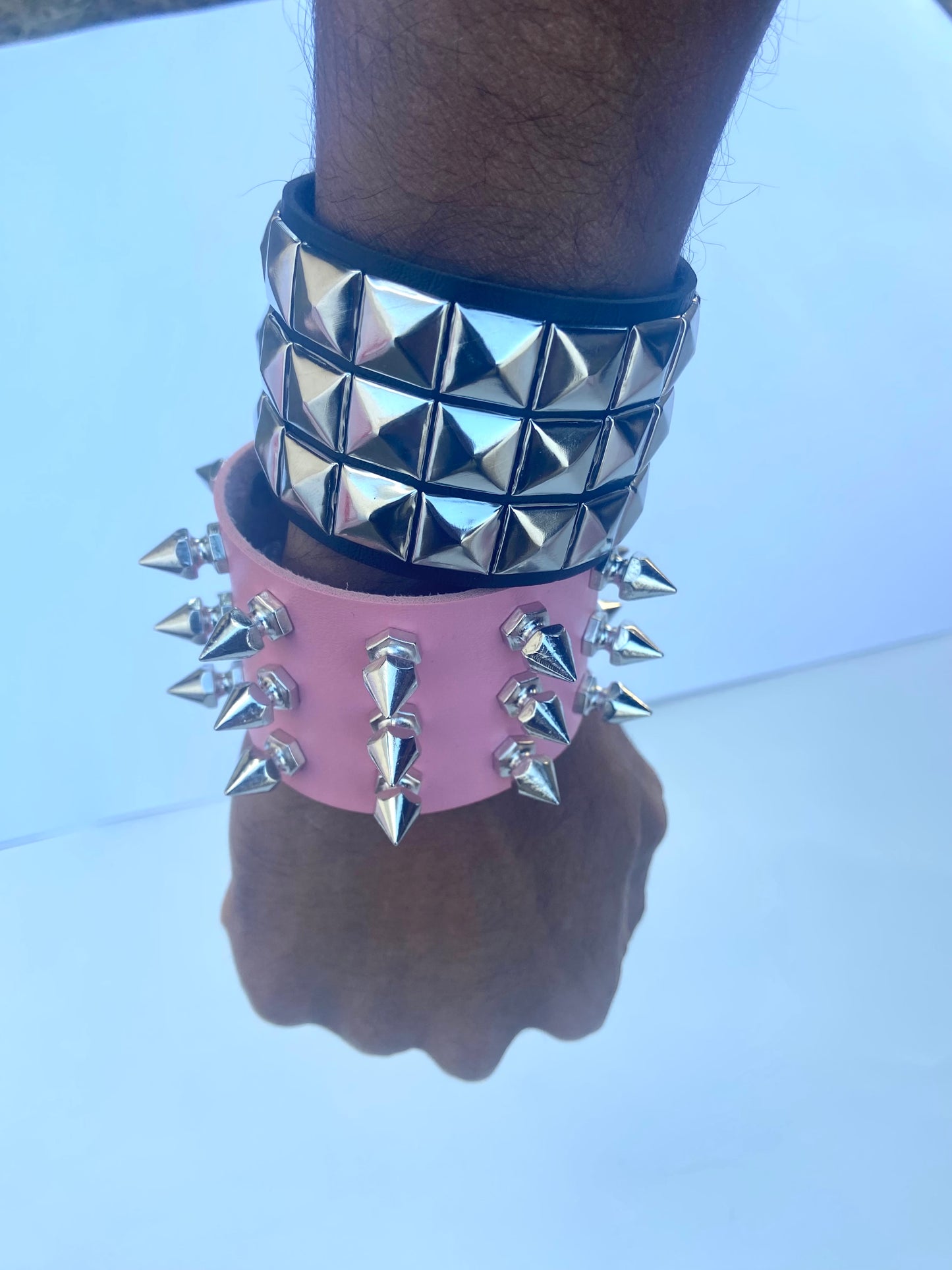 2 pcs Gothic PU leather Studded Spike bracelets , Pink and Black Punk Grunge wristbands