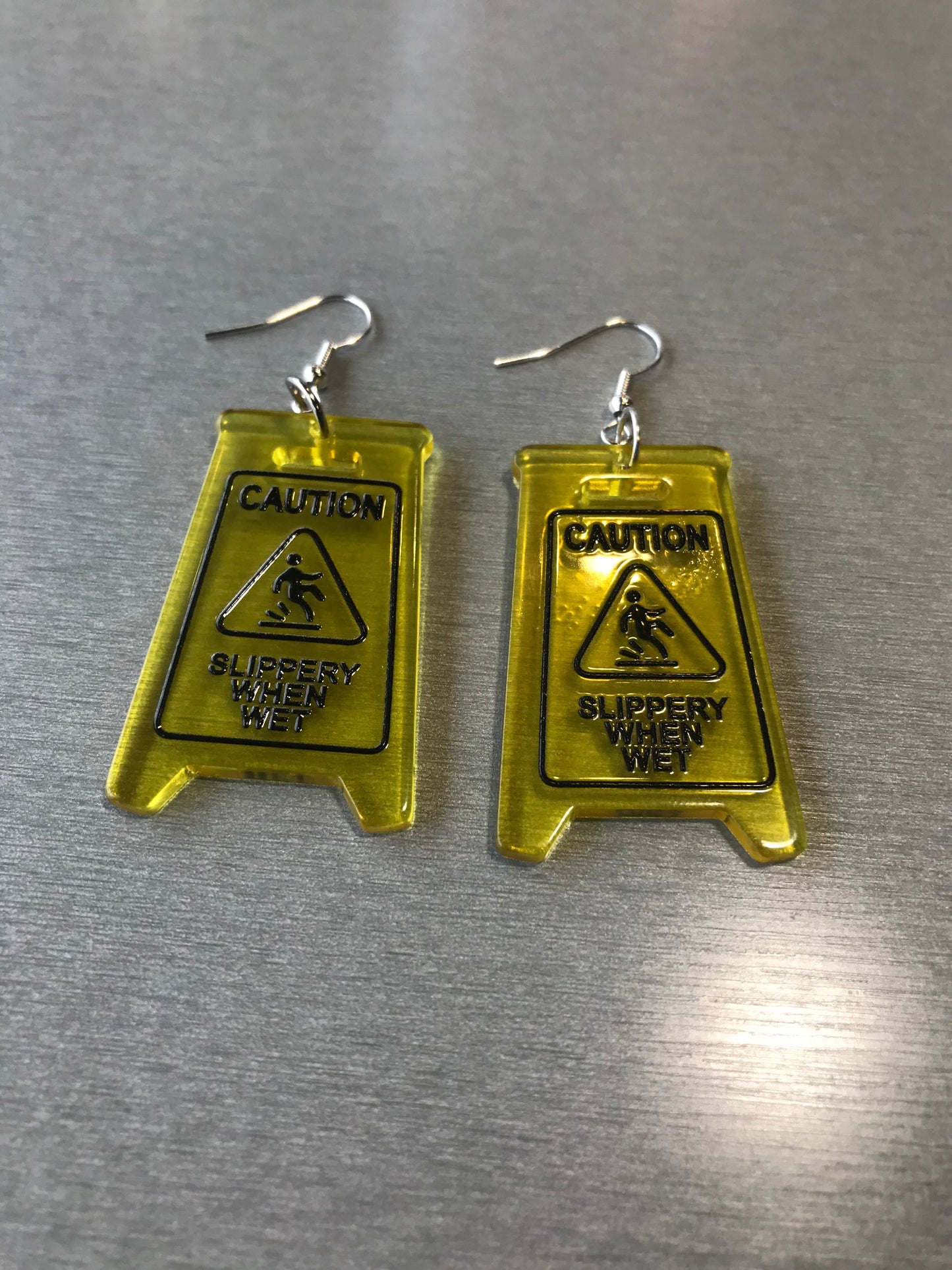 Yellow Caution Sign earrings , Drop and dangle earrings , Caution sign Slippery floor earrings style - Cute funky earrings