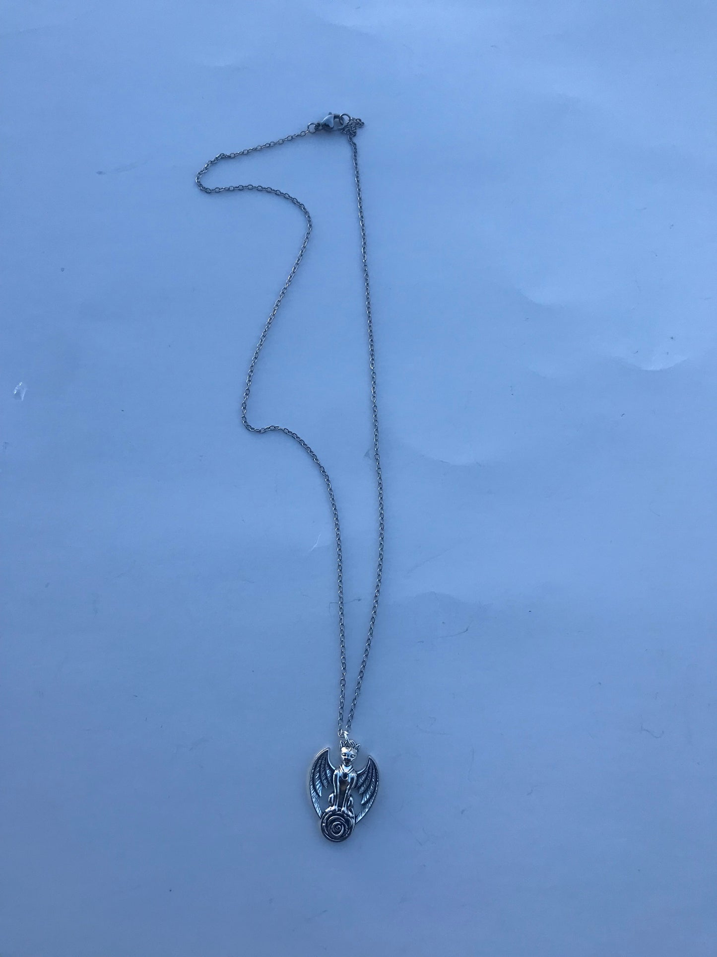 Antique Vintage Silver Cat With wings Necklace - Silver necklace with cat wings with flower pendant - Mystical animal tribal —- Boho Gothic Grunge jewelry necklaces , Emo rock accessories