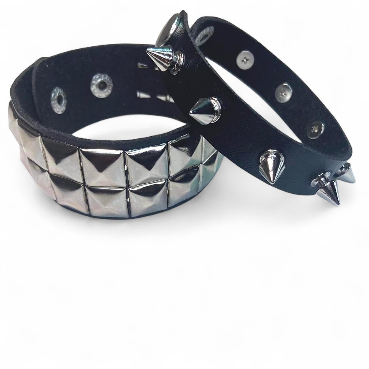 2 PCs faux leather spike studded Bracelets — Silver spike bracelets and silver studded bracelet - Adjustable Punk Cuff Bangle wristband Jewelry Rock —Gothic Punk alternative Emo Grunge Y2K wristbands