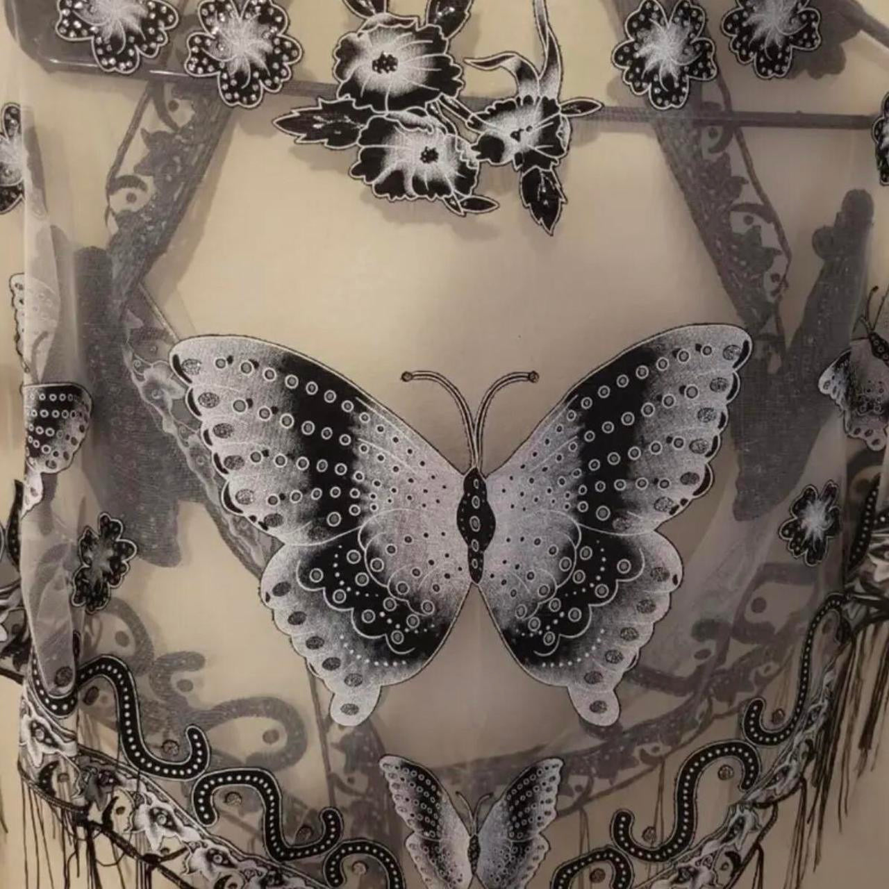 Black Bohemian Style Triangle Scarf Butterfly Flower lace design Embroidery Lace Tassel Shawl Elegant Breathable- 29.5"×55.1" - Sun-Proof Tassel Shawl for All Seasons, Ladies Gothic Sexy Fishnet Bodysuit , Punk Lace Emo grunge Clothing for women