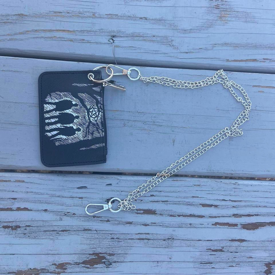 Vintage Gothic Punk Retro Pattern Mini Credit Card Case, PU Leather Wallet , Zipper Women's or Men Coin wallet With chain , Pouch for wide leg baggy skater rock emo alternative style