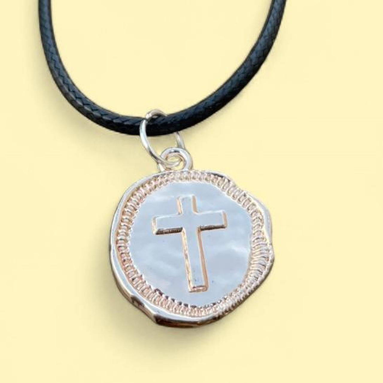 HANDMADE Gothic Cross Necklace with black Faux Leather cord - Coin shaped cross pendant - Cool & Chic Antique Cross Pendant - Punk Emo Boho Tribal jewelry style