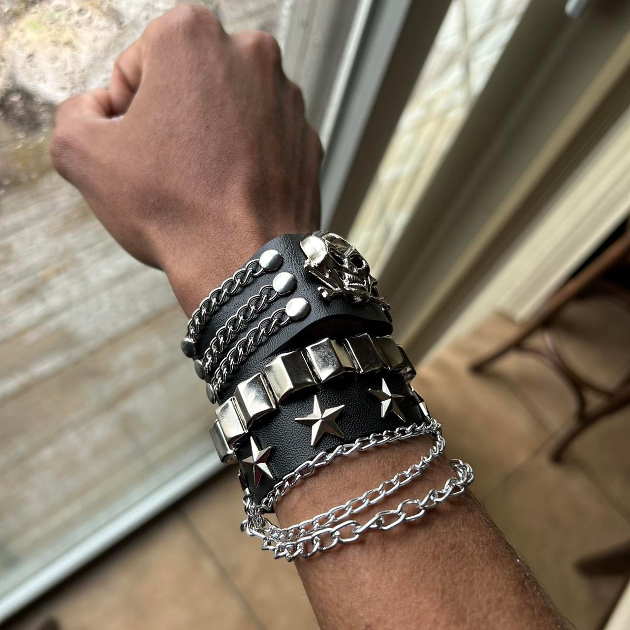 2 PCs Punk silver skull head bones and chains Stars studded faux leather bracelets gothic grunge emo boho pirate alternative rock style wristbands