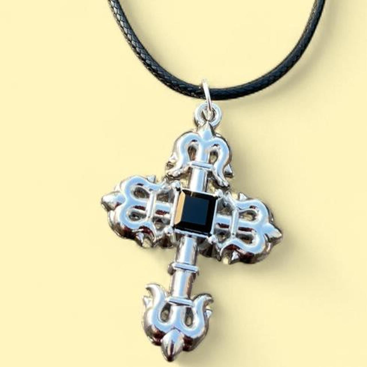 HANDMADE Gothic Silver Cross with Black stone Necklace with black Faux Leather cord - cross pendant - Cool & Chic Antique Cross Pendant - Punk Emo Boho Tribal jewelry style - Adjustable