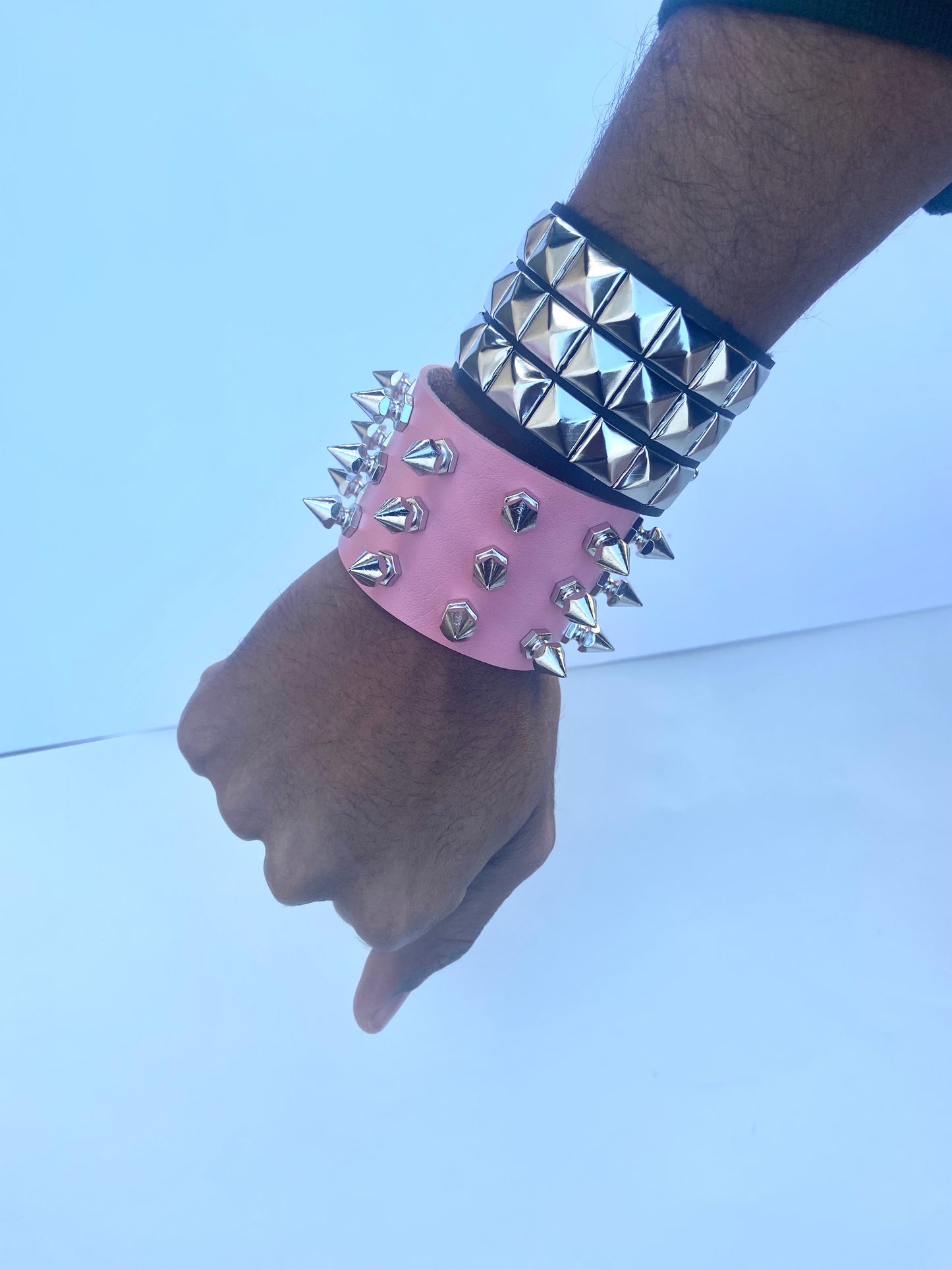 2 pcs Gothic PU leather Studded Spike bracelets , Pink and Black Punk Grunge wristbands