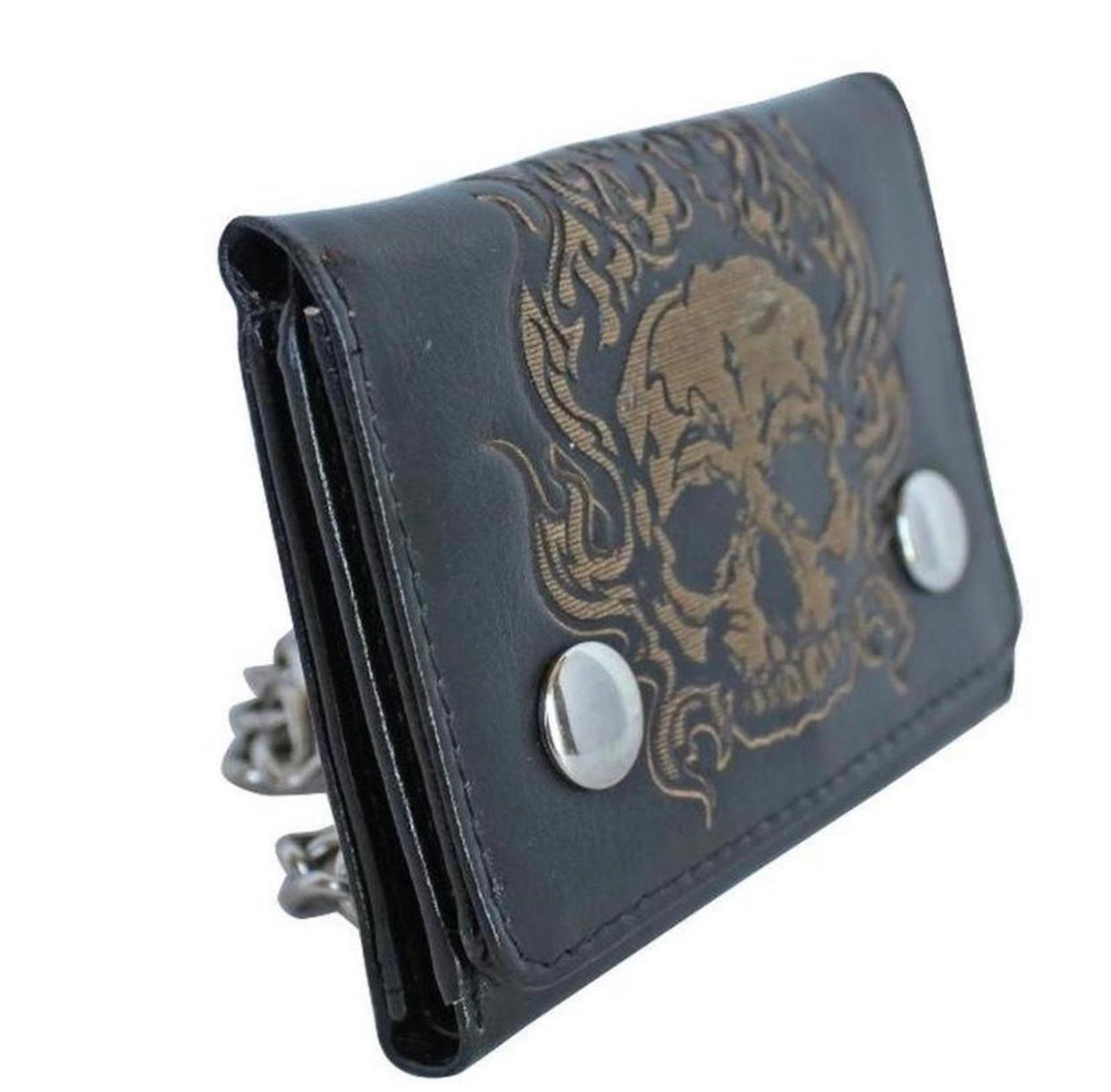 No boundaries men’s chain skull gothic wallet - black leather biker Punk wallet Emo with skull design with 2 credit cards slots , 2 bills slot and a coin pocket. Including a detachable chain. Punk Emo wallet for men women unisex