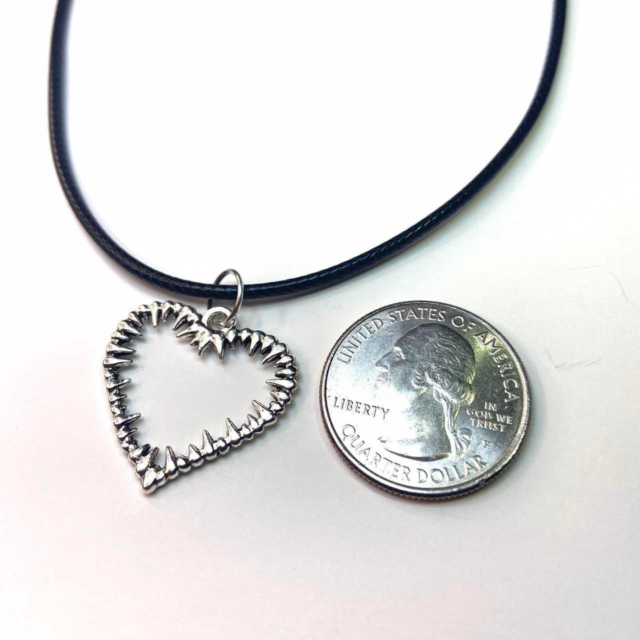 Silver Heart thorns pendant Faux leather necklace , Gothic Grunge jewelry , Emo rock accessories spike thorns necklaces