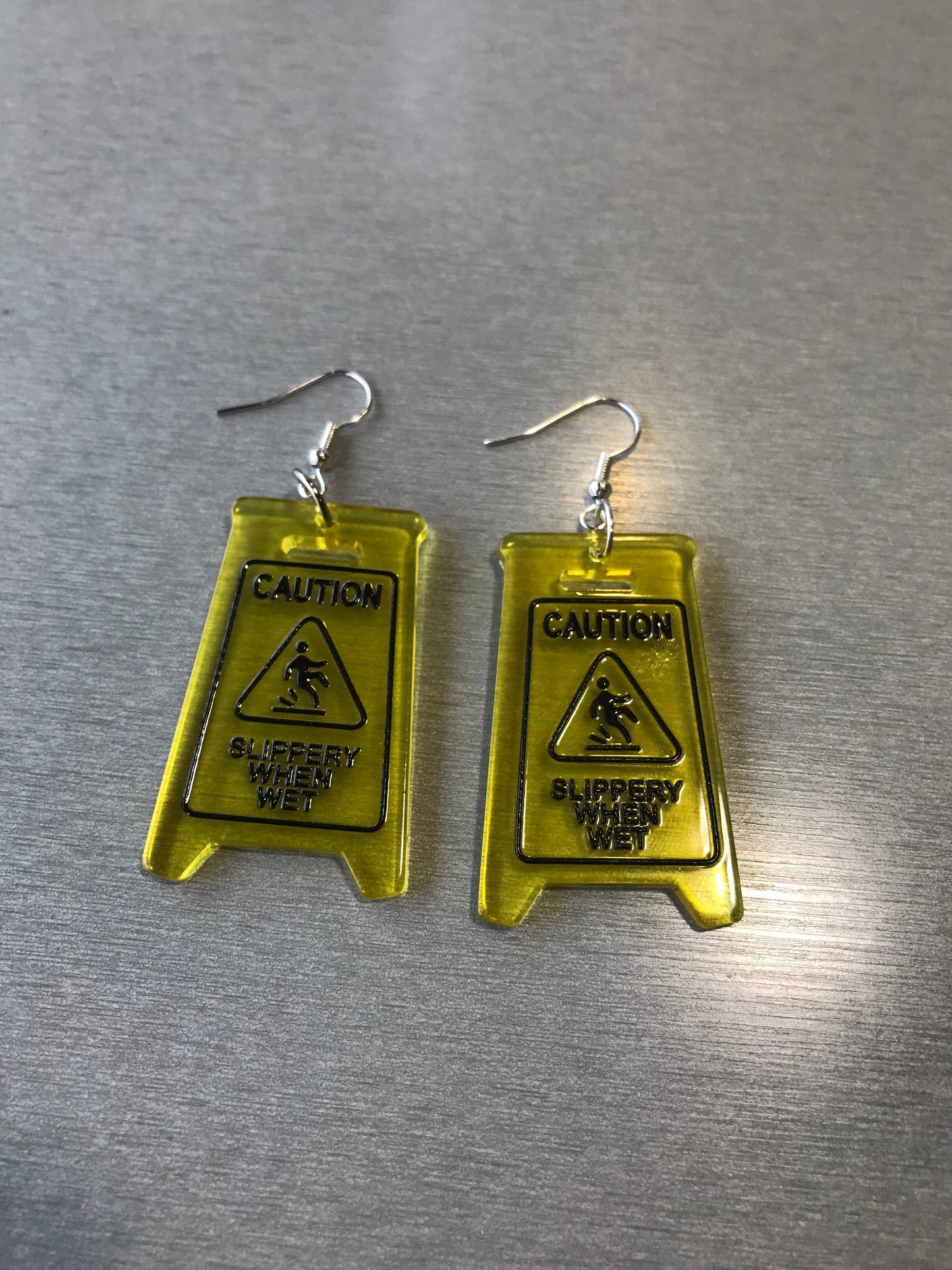 Yellow Caution Sign earrings , Drop and dangle earrings , Caution sign Slippery floor earrings style - Cute funky earrings