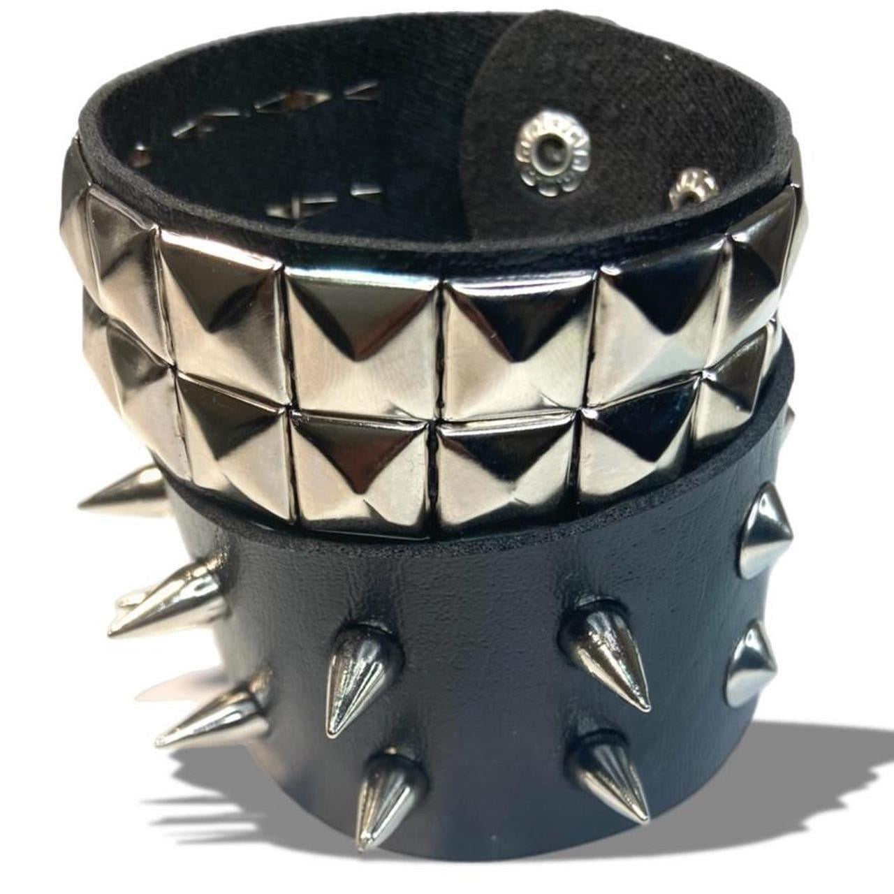 2 PCs faux leather spike studded Bracelets — Silver spike bracelets and silver studded bracelet - Adjustable Punk Cuff Bangle wristband Jewelry Rock —Gothic Punk alternative Emo Grunge Y2K wristbands