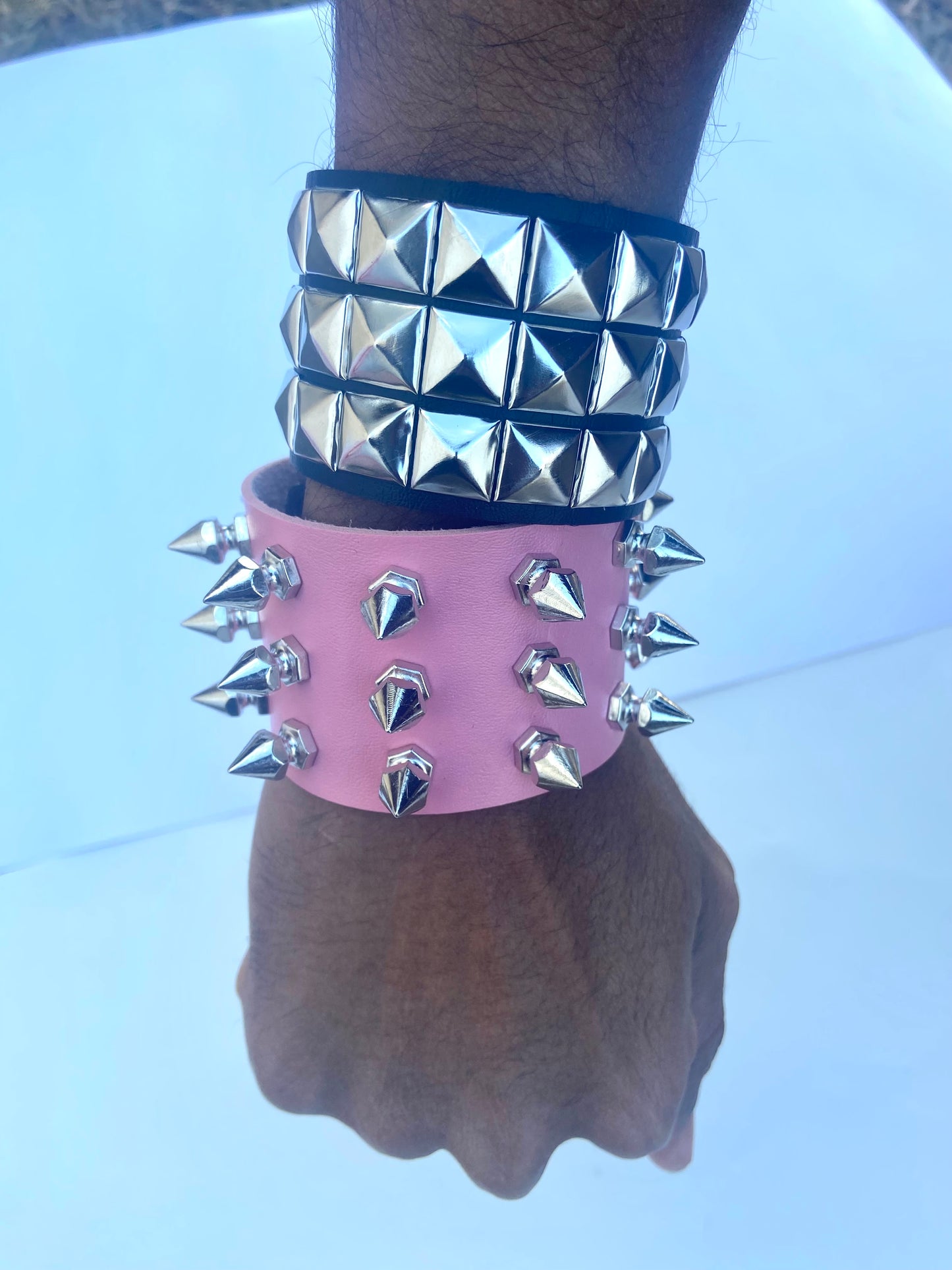 2 pcs Gothic PU leather Studded Spike bracelets , Pink and Black Punk Grunge wristbands
