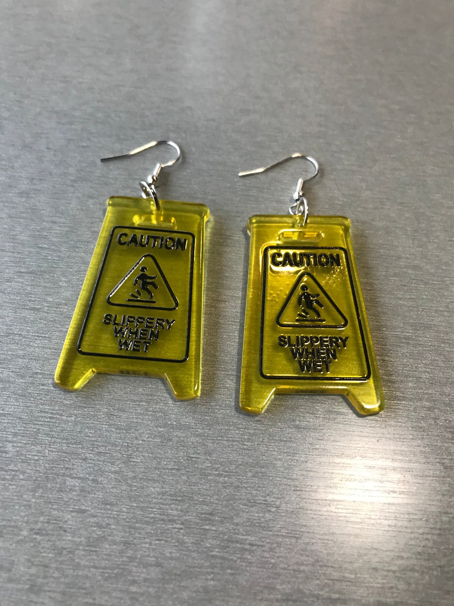 Yellow Caution Sign earrings , Drop and dangle earrings , Caution sign Slippery floor earrings style - Cute funky earrings
