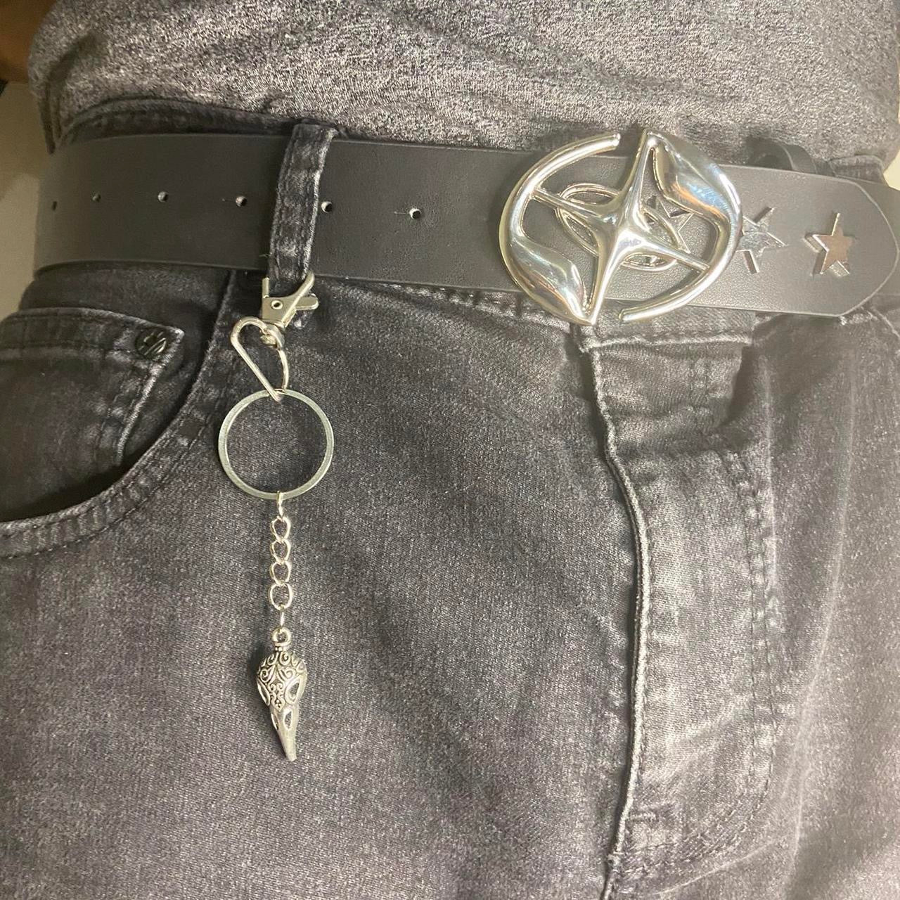 Handmade Gothic Silver Raven crow bird Star keychain , Punk Emo alternative rock skater keychain , boho y2k fashionable jewelry keychain