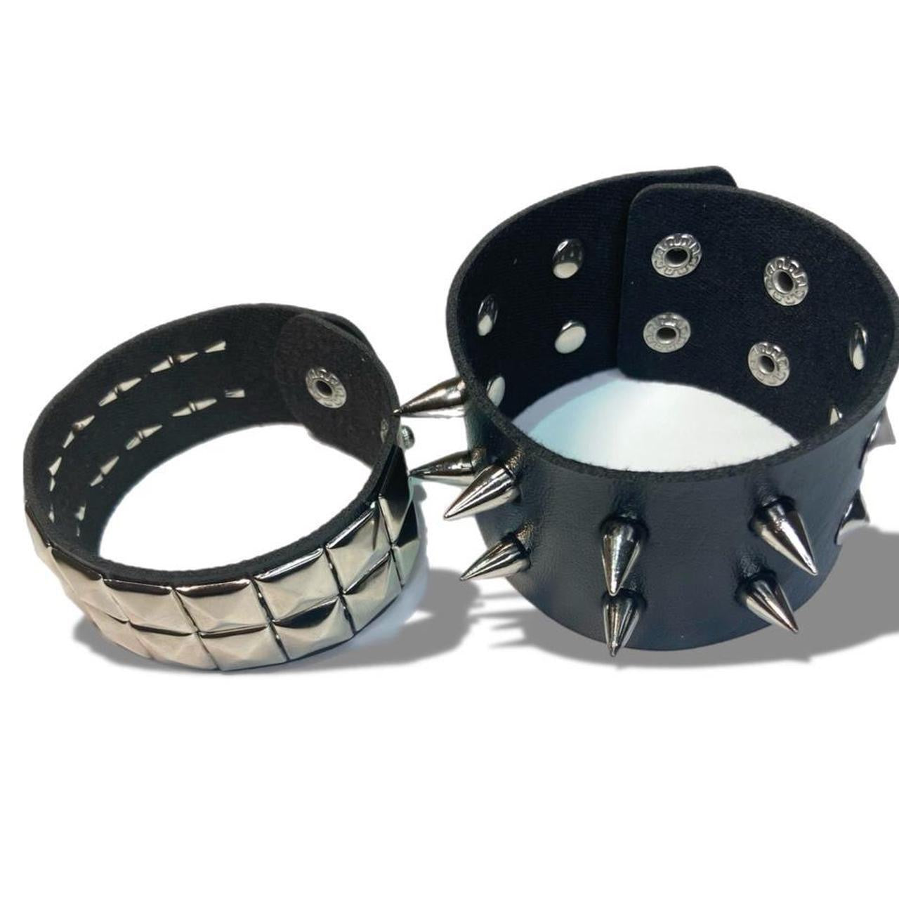 2 PCs faux leather spike studded Bracelets — Silver spike bracelets and silver studded bracelet - Adjustable Punk Cuff Bangle wristband Jewelry Rock —Gothic Punk alternative Emo Grunge Y2K wristbands