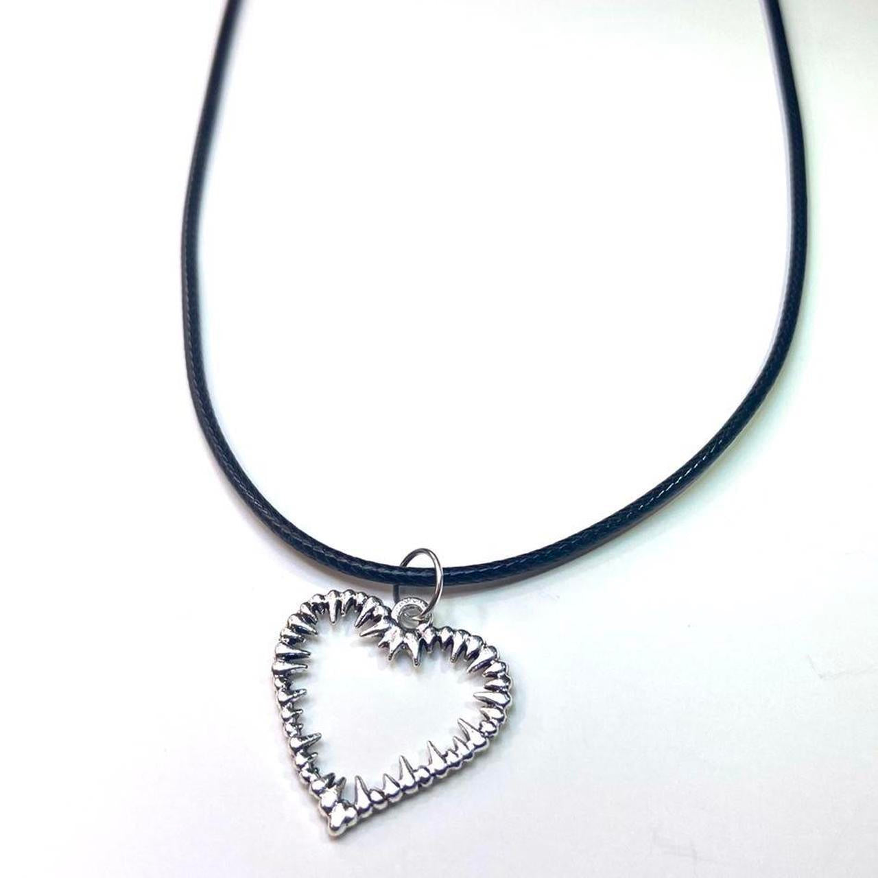 Silver Heart thorns pendant Faux leather necklace , Gothic Grunge jewelry , Emo rock accessories spike thorns necklaces