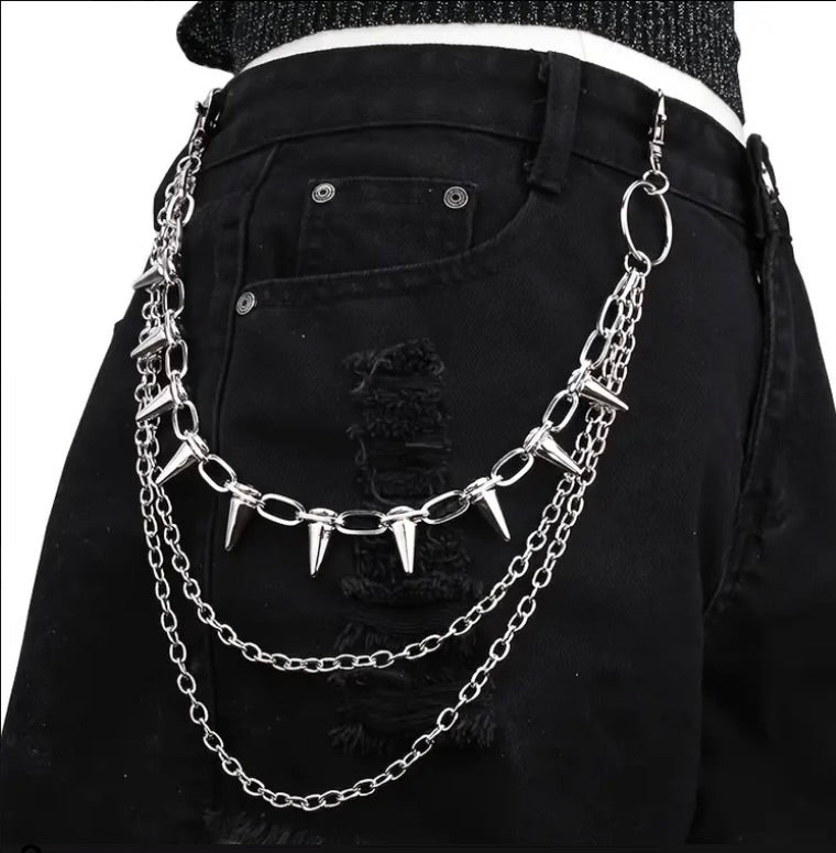 Punk Y2K Silver double layered spike chain Waist Chain , Dress Up Jeans Goth Boho Grunge Gothic Accessories Unisex