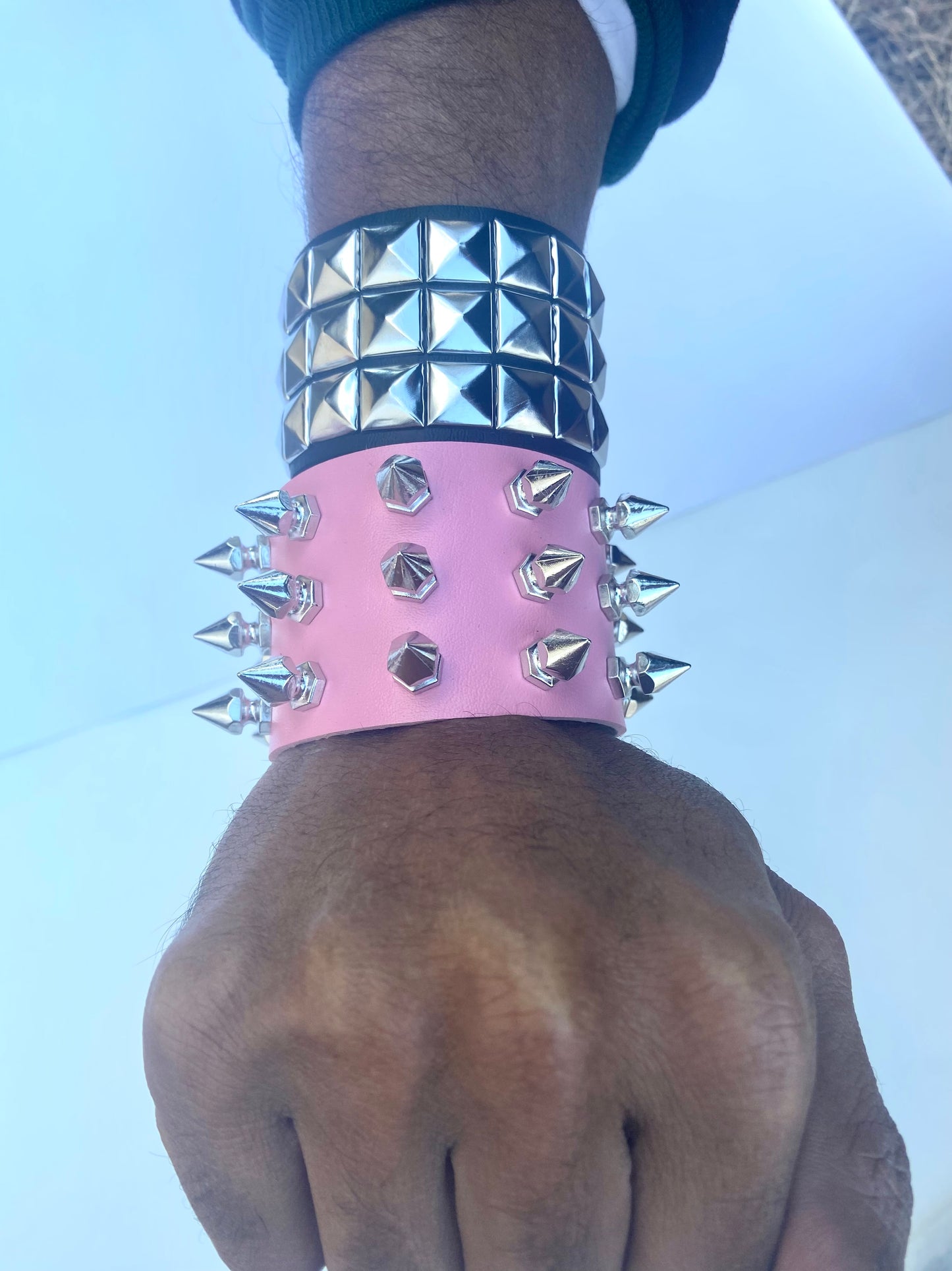 2 pcs Gothic PU leather Studded Spike bracelets , Pink and Black Punk Grunge wristbands