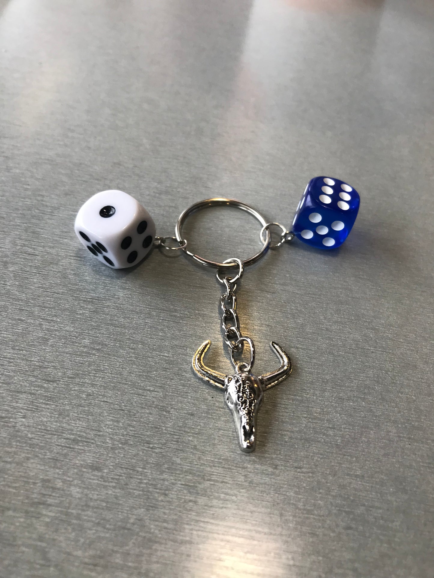 Silver Bull Cow and Dice Keychain - Tribal Bull with White dice and Blue dice Keychain - Gothic Punk Y2K accessories