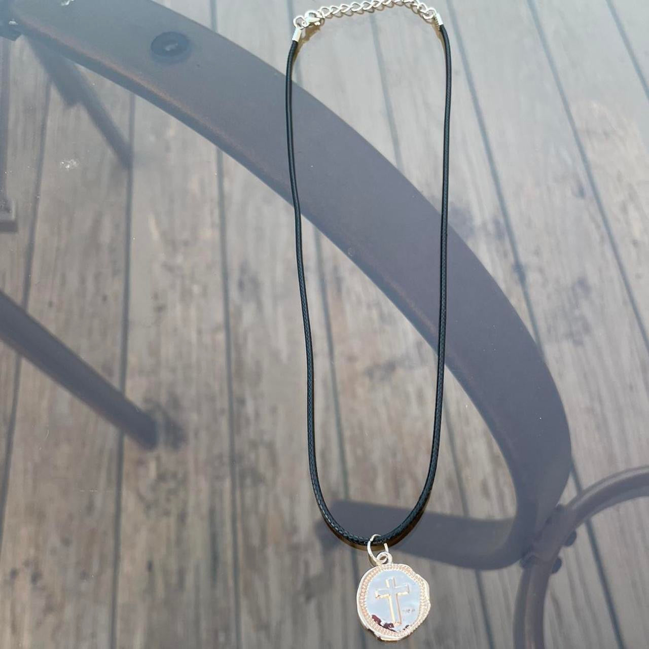 HANDMADE Gothic Cross Necklace with black Faux Leather cord - Coin shaped cross pendant - Cool & Chic Antique Cross Pendant - Punk Emo Boho Tribal jewelry style