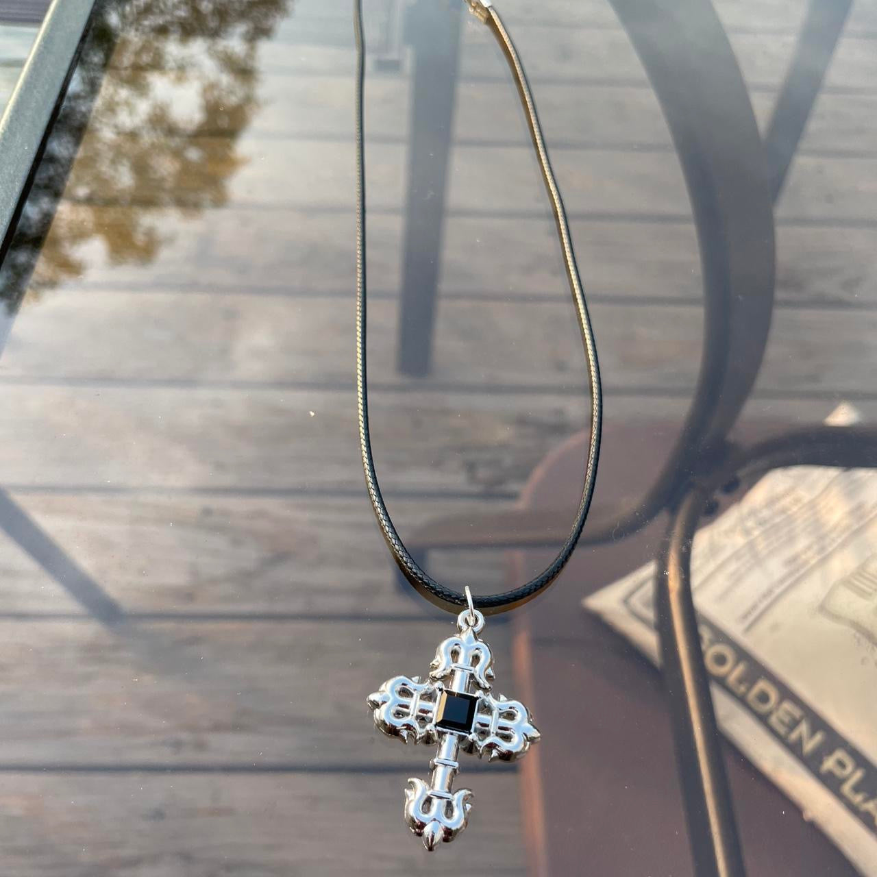 HANDMADE Gothic Silver Cross with Black stone Necklace with black Faux Leather cord - cross pendant - Cool & Chic Antique Cross Pendant - Punk Emo Boho Tribal jewelry style - Adjustable