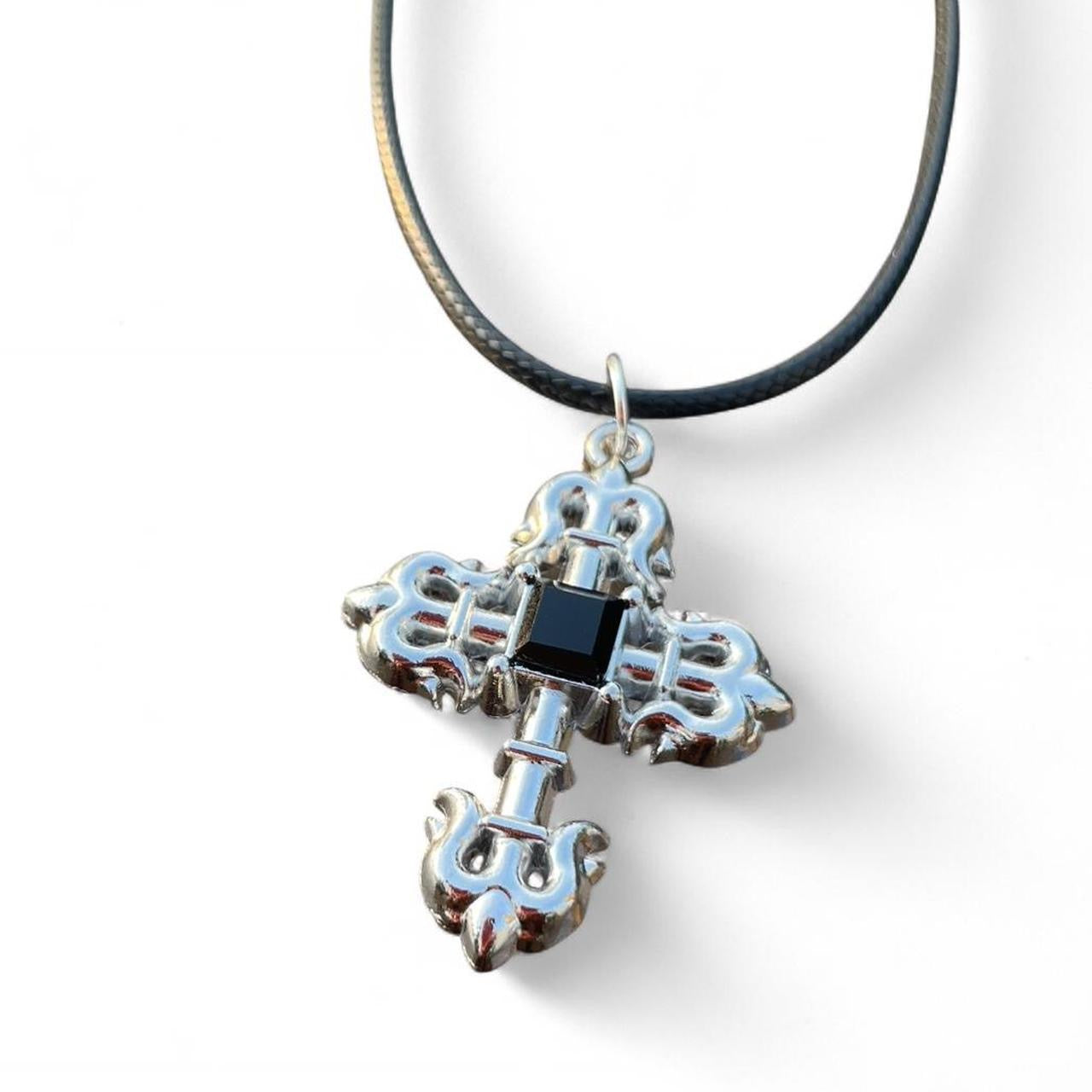 HANDMADE Gothic Silver Cross with Black stone Necklace with black Faux Leather cord - cross pendant - Cool & Chic Antique Cross Pendant - Punk Emo Boho Tribal jewelry style - Adjustable
