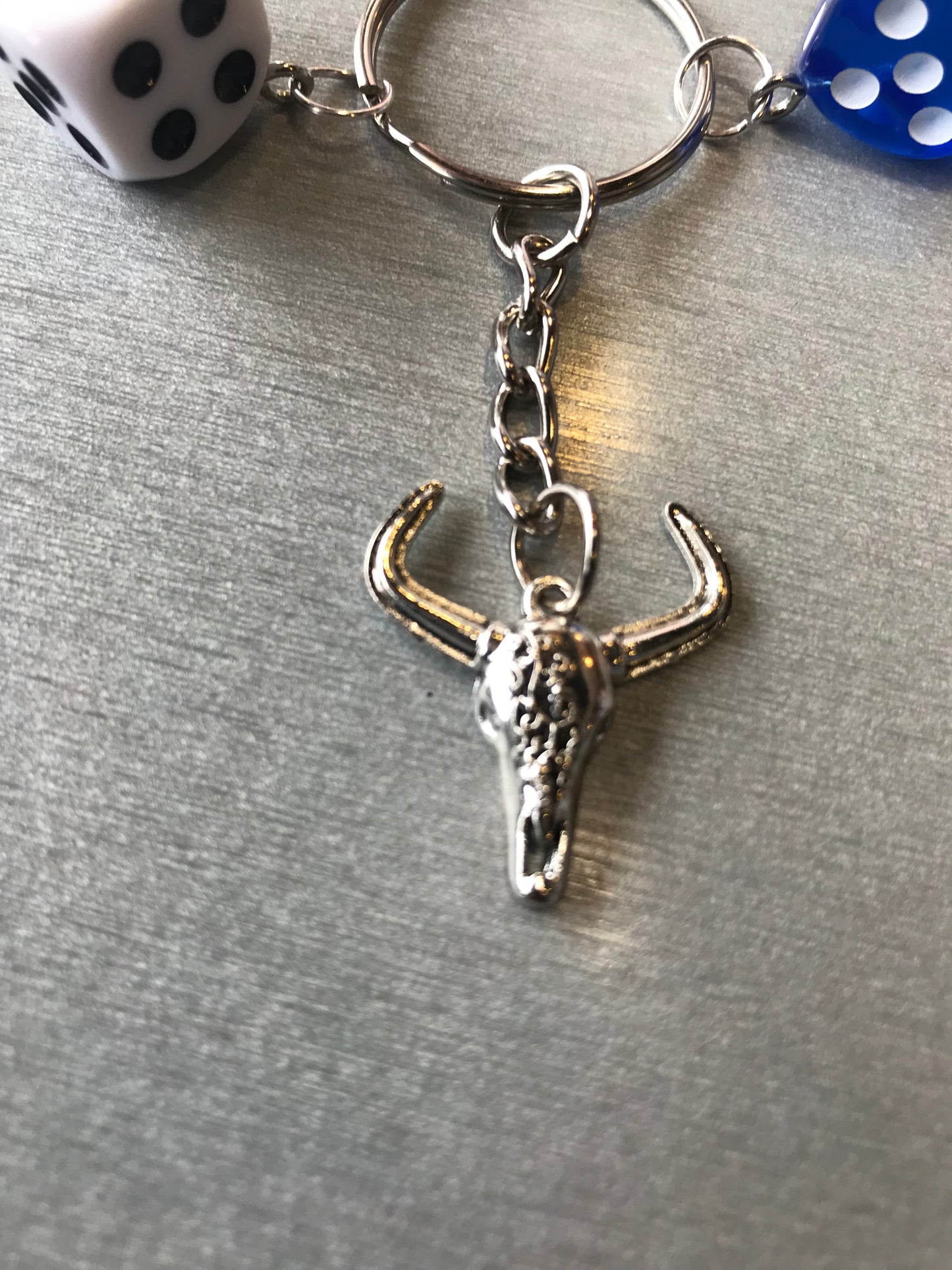 Silver Bull Cow and Dice Keychain - Tribal Bull with White dice and Blue dice Keychain - Gothic Punk Y2K accessories