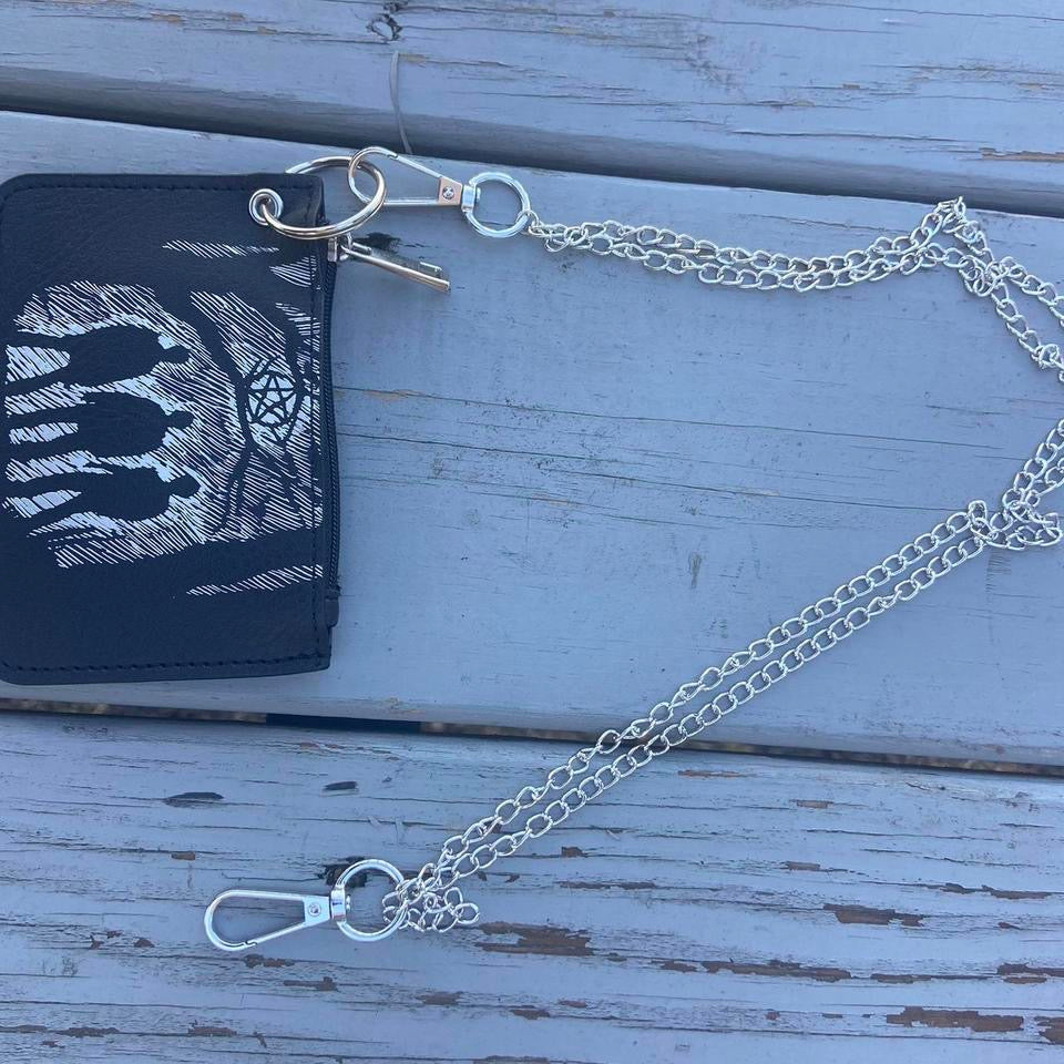 Vintage Gothic Punk Retro Pattern Mini Credit Card Case, PU Leather Wallet , Zipper Women's or Men Coin wallet With chain , Pouch for wide leg baggy skater rock emo alternative style