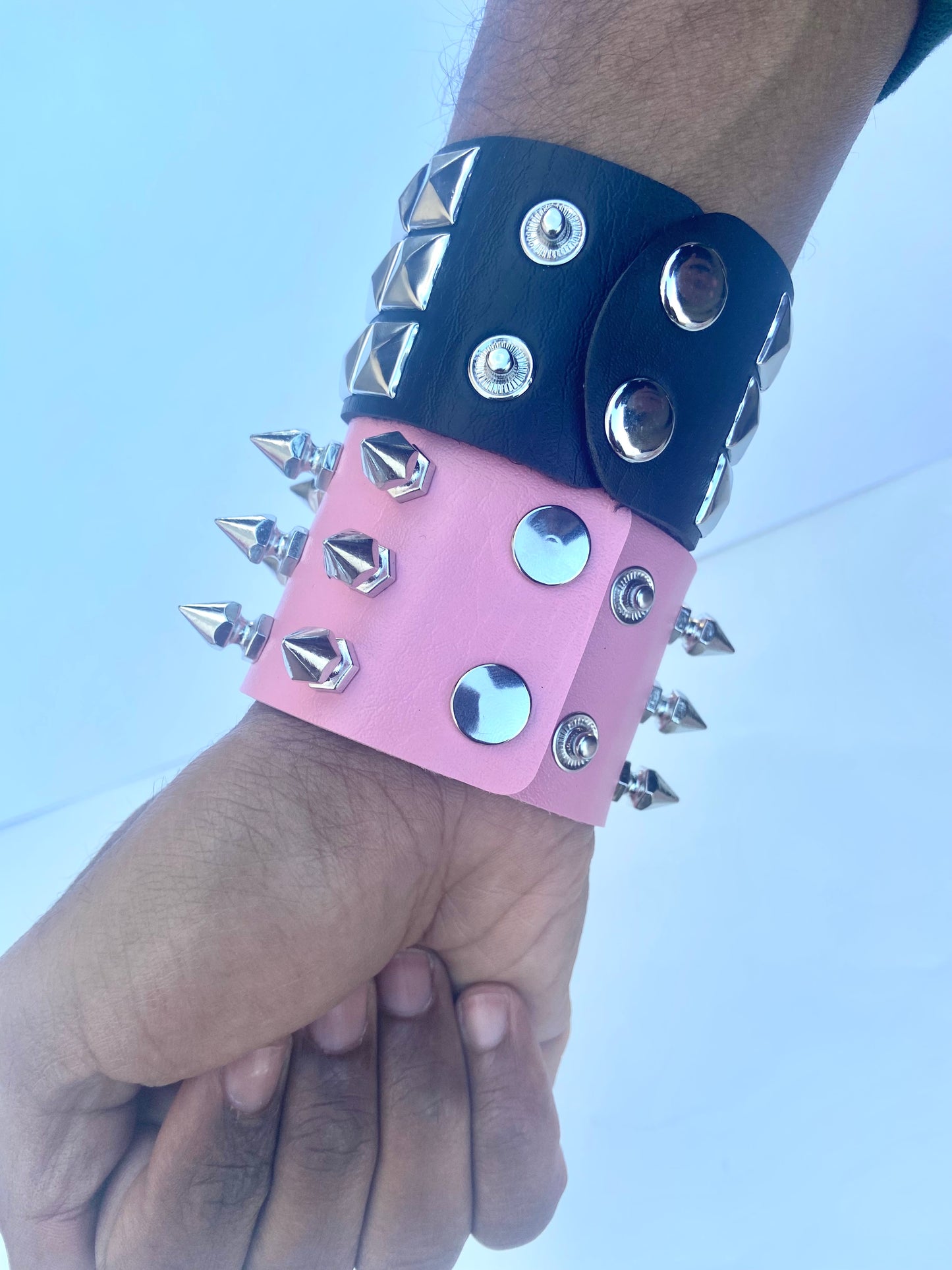2 pcs Gothic PU leather Studded Spike bracelets , Pink and Black Punk Grunge wristbands