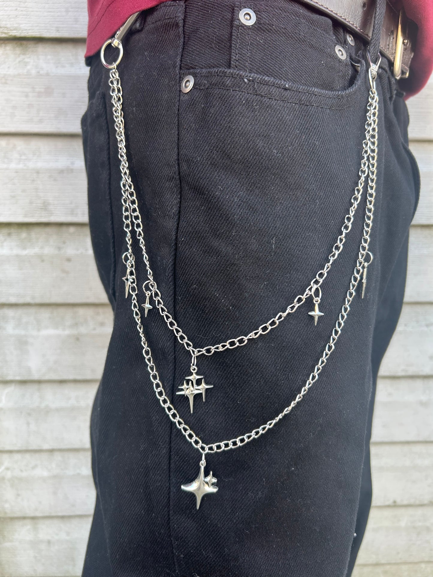 Gothic Punk Stars Double-layer Pants Chain , Fashion Emo Grunge Hip-hop Silver Wallet chain , Tribal boho wallet chain style , Y2K stars