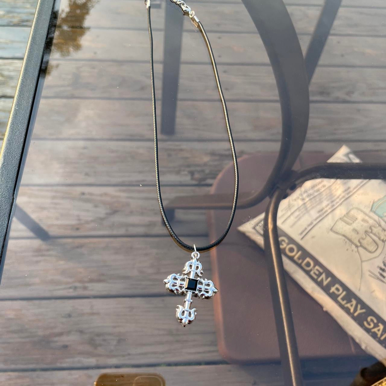 HANDMADE Gothic Silver Cross with Black stone Necklace with black Faux Leather cord - cross pendant - Cool & Chic Antique Cross Pendant - Punk Emo Boho Tribal jewelry style - Adjustable