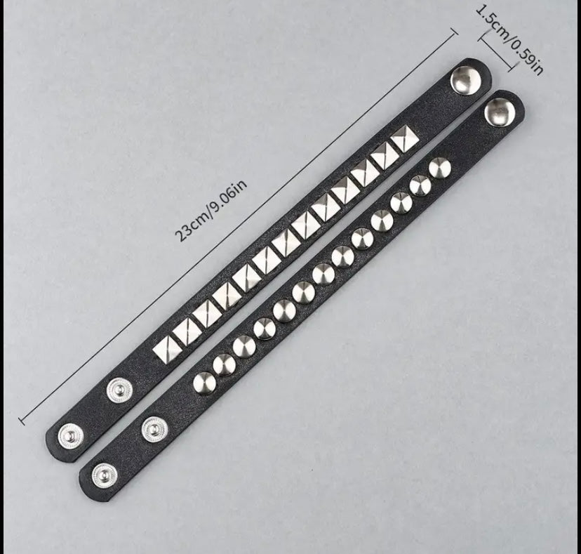 2 pcs Punk Gothic studded faux leather bracelet - black and silver