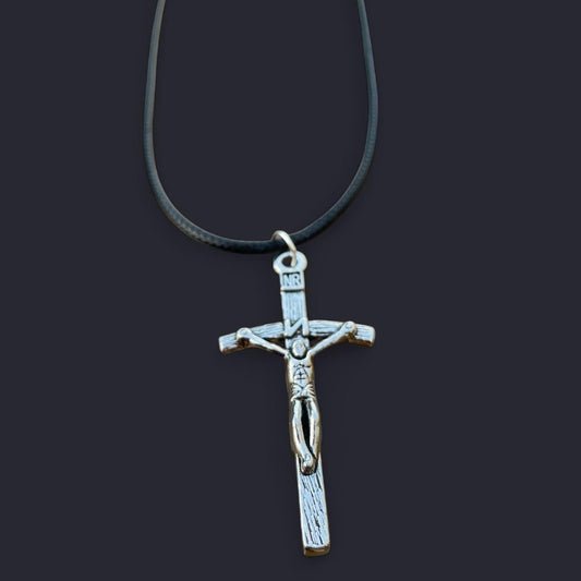 HANDMADE Gothic Silver Cross Necklace with black Faux Leather cord - Cool & Chic Antique Silver Cross Christ Pendant - y2k emo grunge alternative rock skater accessories - retro antique vintage jewelry